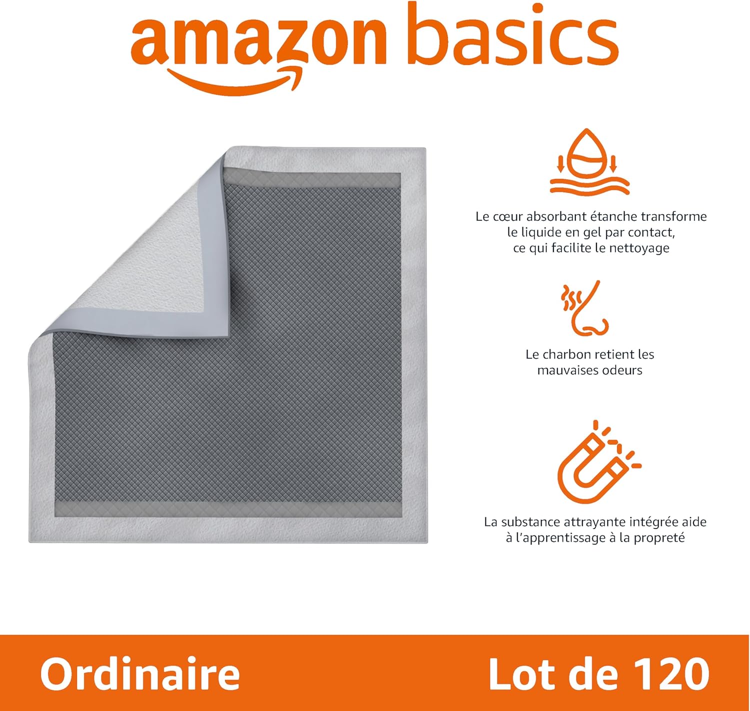 Thumbnail 1 de Amazon Basics Lot de 120 protections pour déjections canines — taille standard, 5 couches absorbantes et charbon pour les odeurs