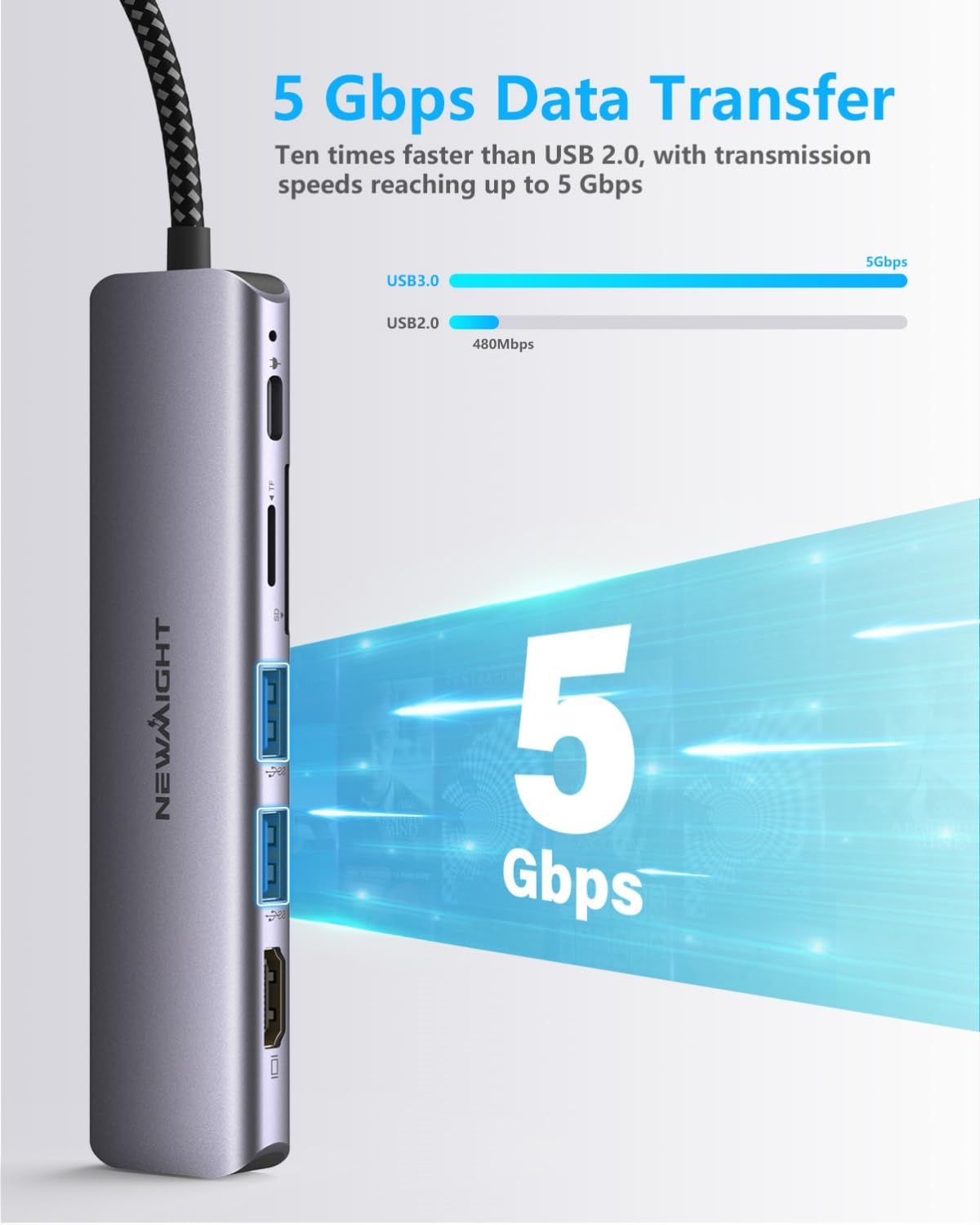 Detalle de Newmight Hub USB-C 7 en 1 avec HDMI 4K 30 Hz, Ethernet 1 Gbit/s, PD 100 W et lecteur SD/TF
