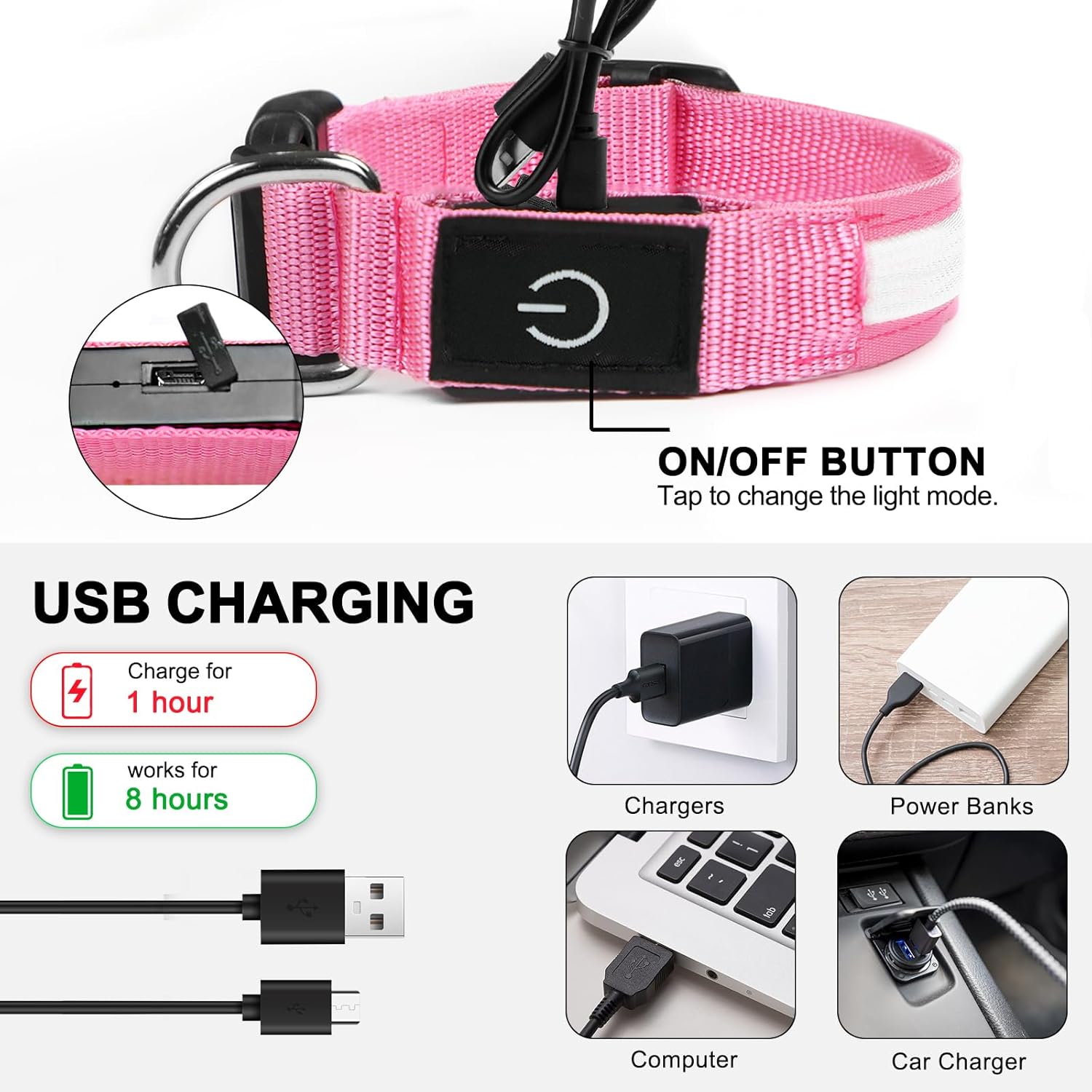 Thumbnail 3 de Nepfaivy Light Up Dog Collar with USB Rechargeable LED Lights (Pink-L) for Night Walks