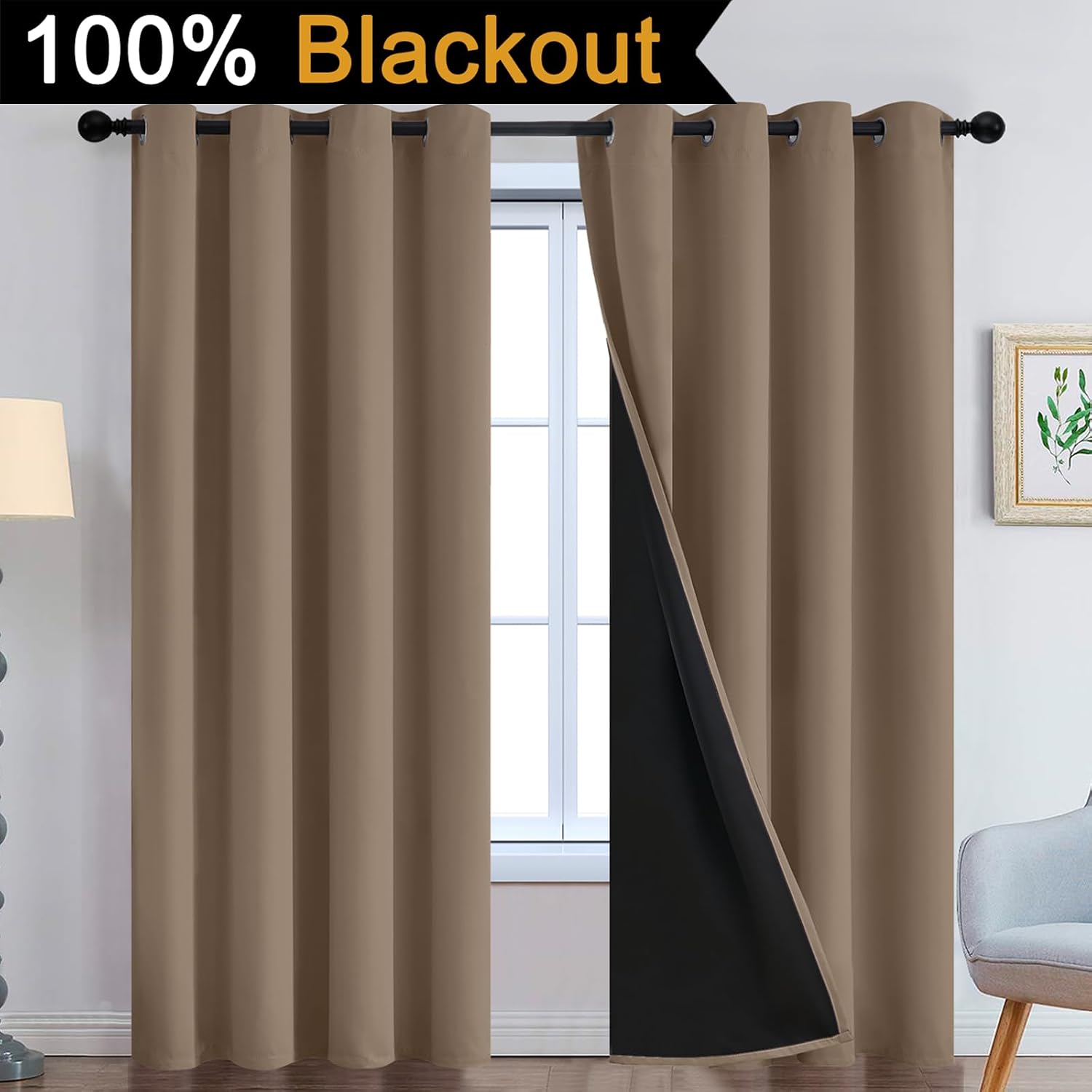 Detalle de Yakamok Khaki Blackout Curtains, 96-Inch, 2-Layer Panels with Grommet Top