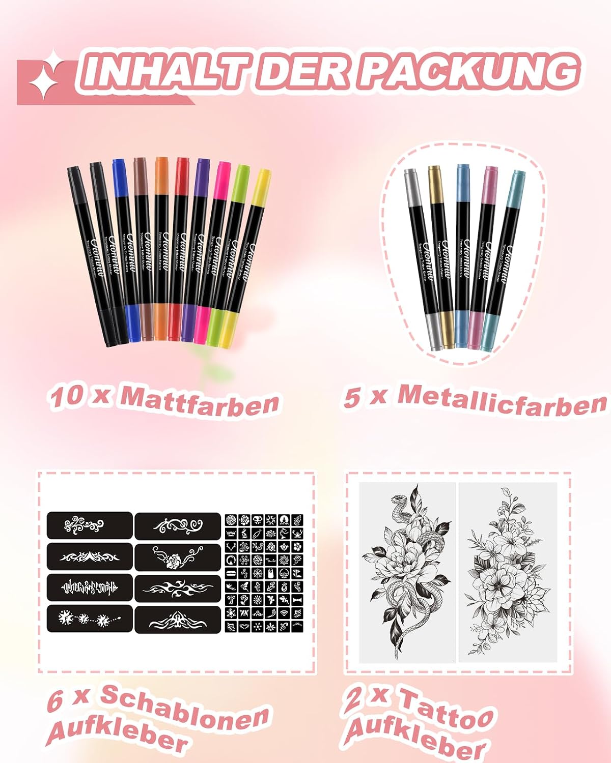 Detalle de Oiomniv Glitzer Tattoo Stifte Kinder (15 Stück) mit Schablonen-Set und 2 temporären Tattoos