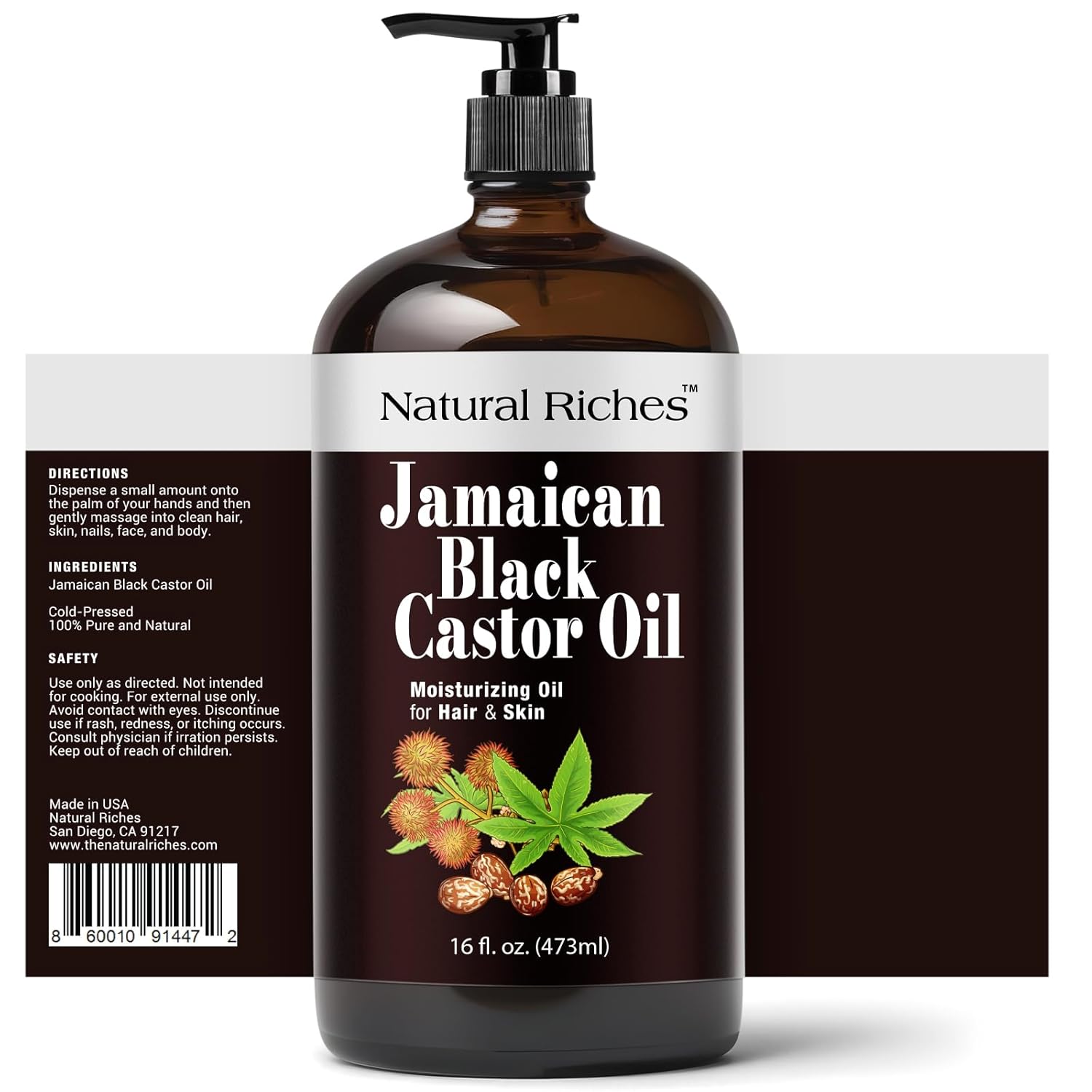 Thumbnail 1 de Natural Riches Jamaican Black Castor Oil (16 fl. oz) in Glass Bottle, Organic Cold-Pressed for Hair, Skin, Lashes, Brows & Scalp
