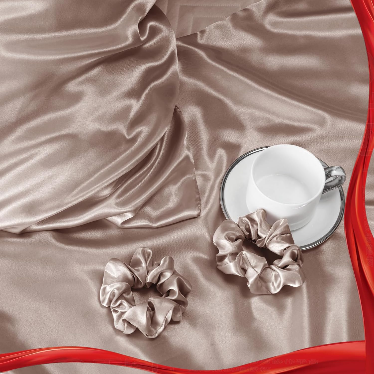 Detalle de Vielit Satin Kissenbezug 40 x 80 Braun – 2er Set, weiches Seiden-Feeling, Haar- und Hautschutz inkl. Haargummis
