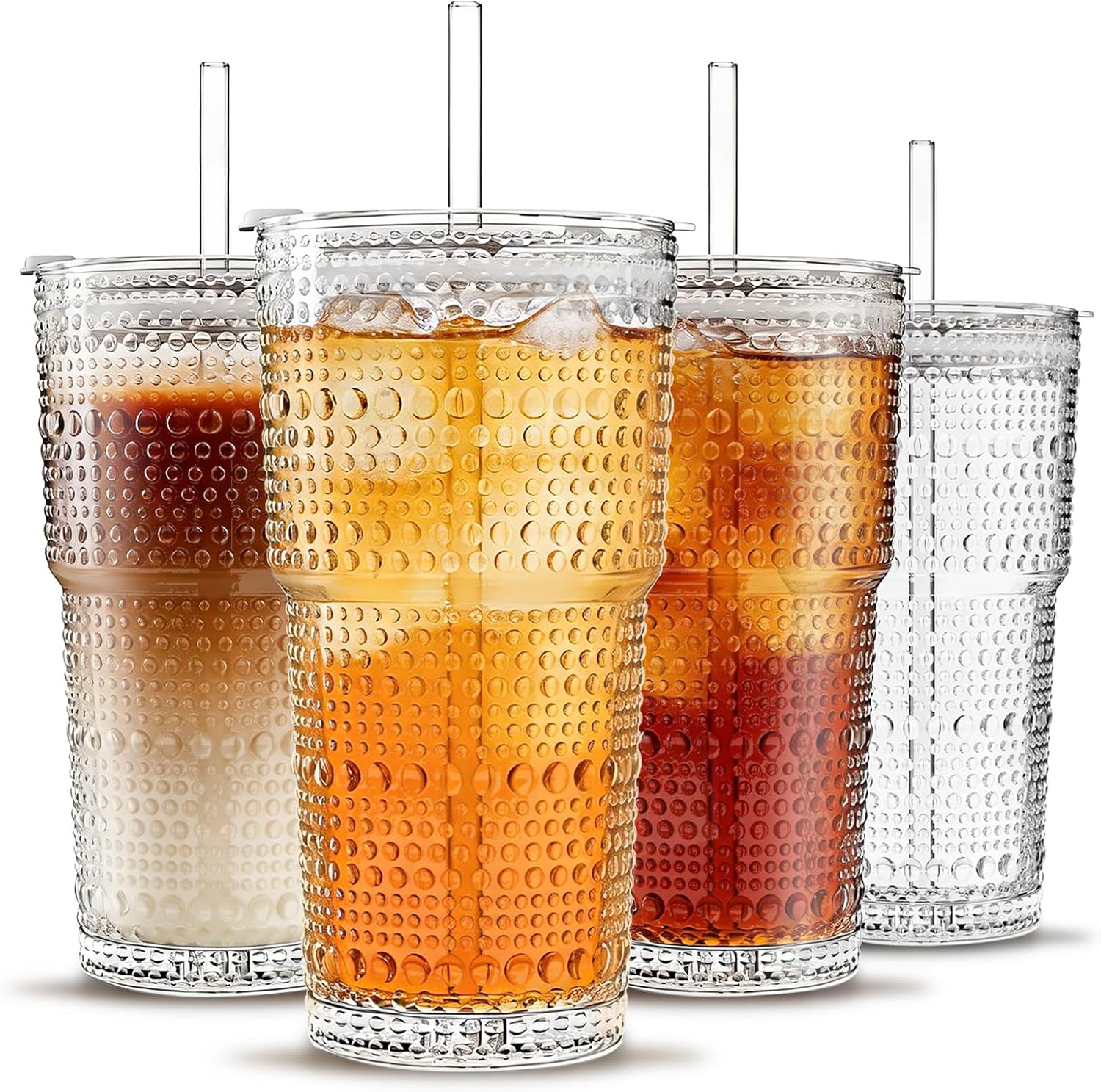 INSETLAN 20oz Hobnail Glass Cups with Lids and Glass Straws — 4 Pieces