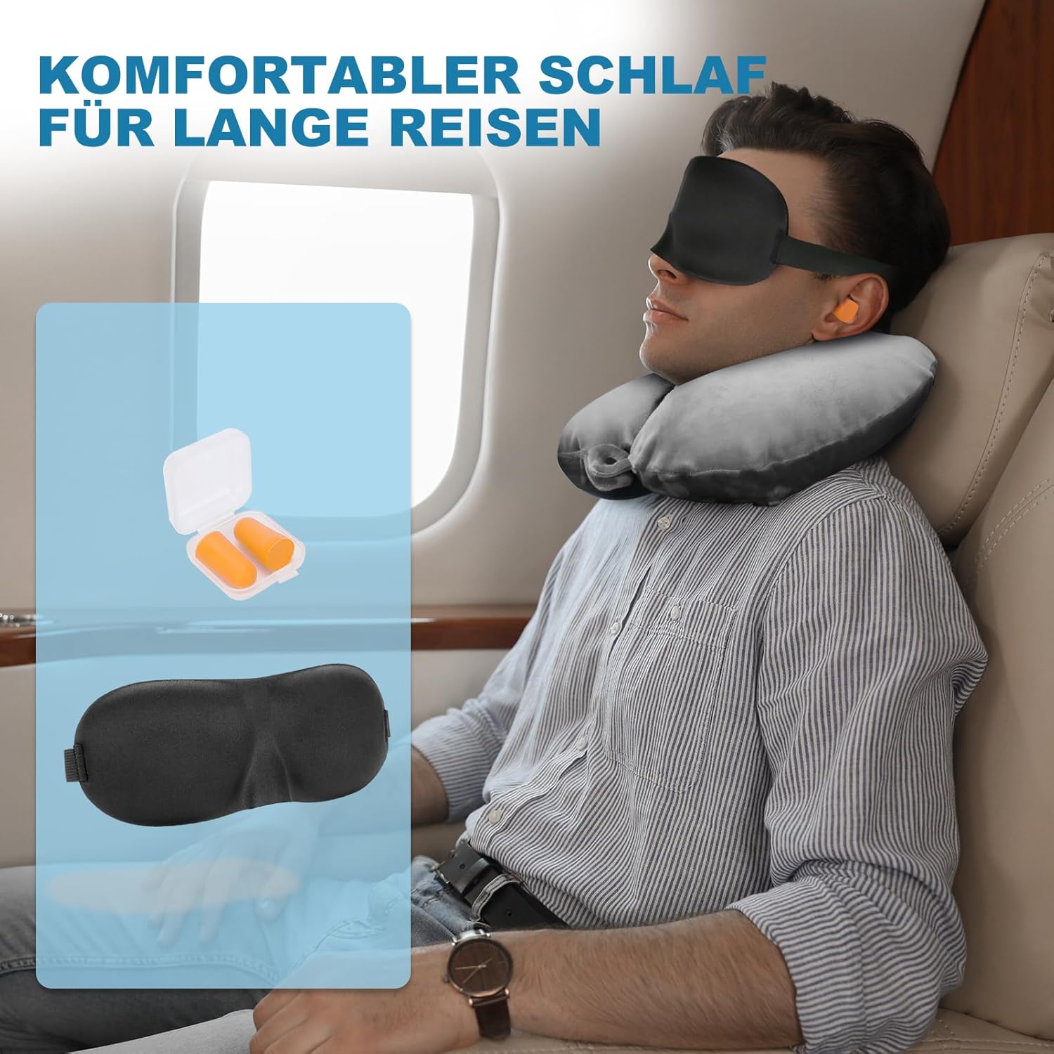 Thumbnail 6 de Cirorld aufblasbares Nackenkissen fürs Flugzeug mit Augenmaske und Ohrstöpseln (U-Form, Grau)