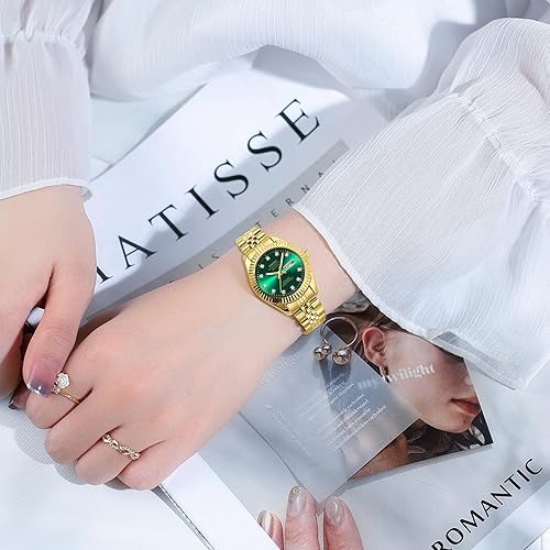 Detalle de NIBOSI Damen Analog Quarz Uhr aus Edelstahl – grünem Zifferblatt mit Datumsanzeige