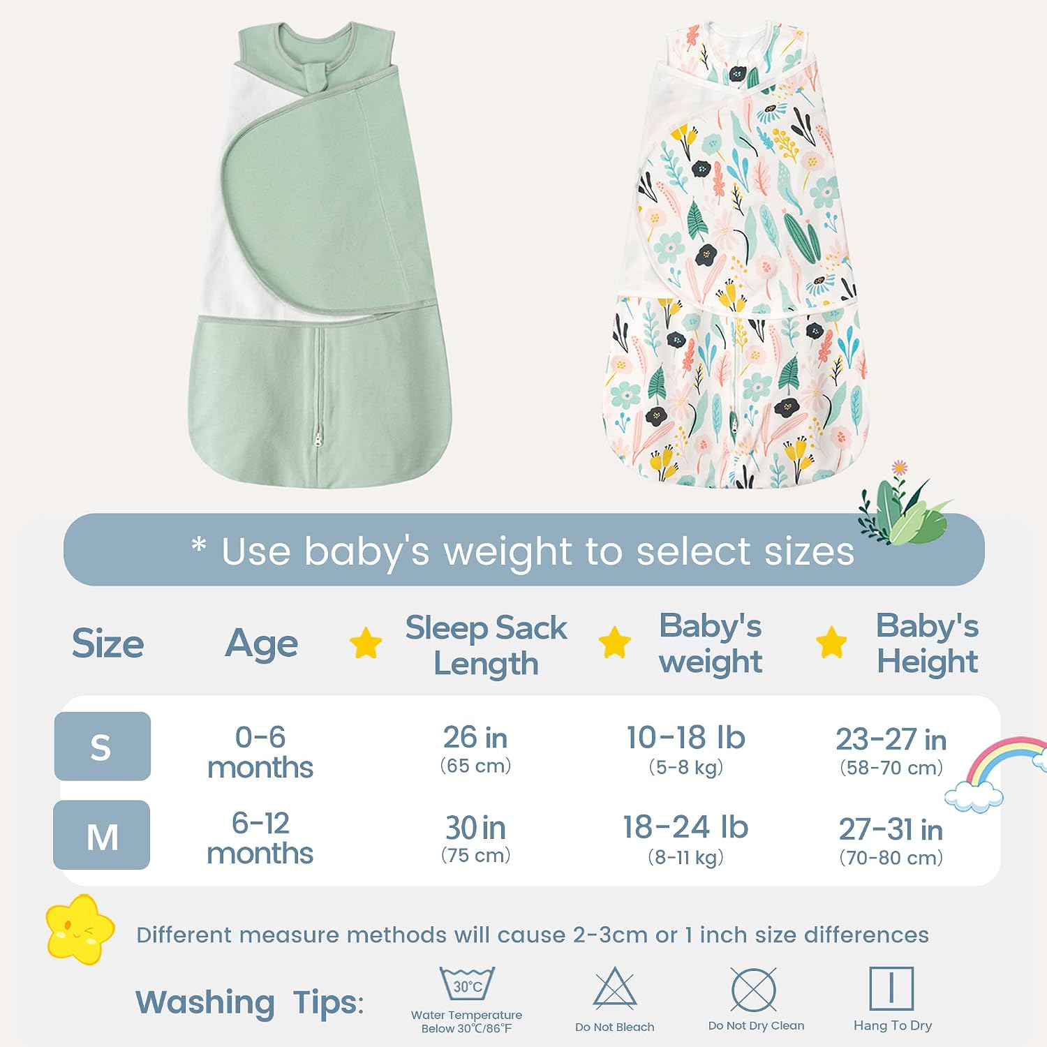 Detalle de ZIGJOY Newborn Sleeping Bag 1.0 TOG (2 Pack) with Swaddle Wrap Design, 100% Cotton – Green & Leaves