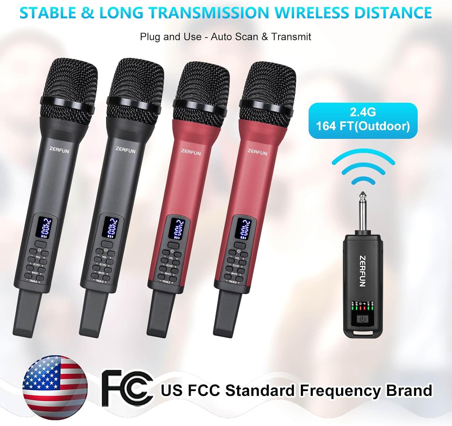 Thumbnail 4 de ZERFUN D240 4-Pack Rechargeable Wireless Microphone System, Gray & Red, 2.4 GHz
