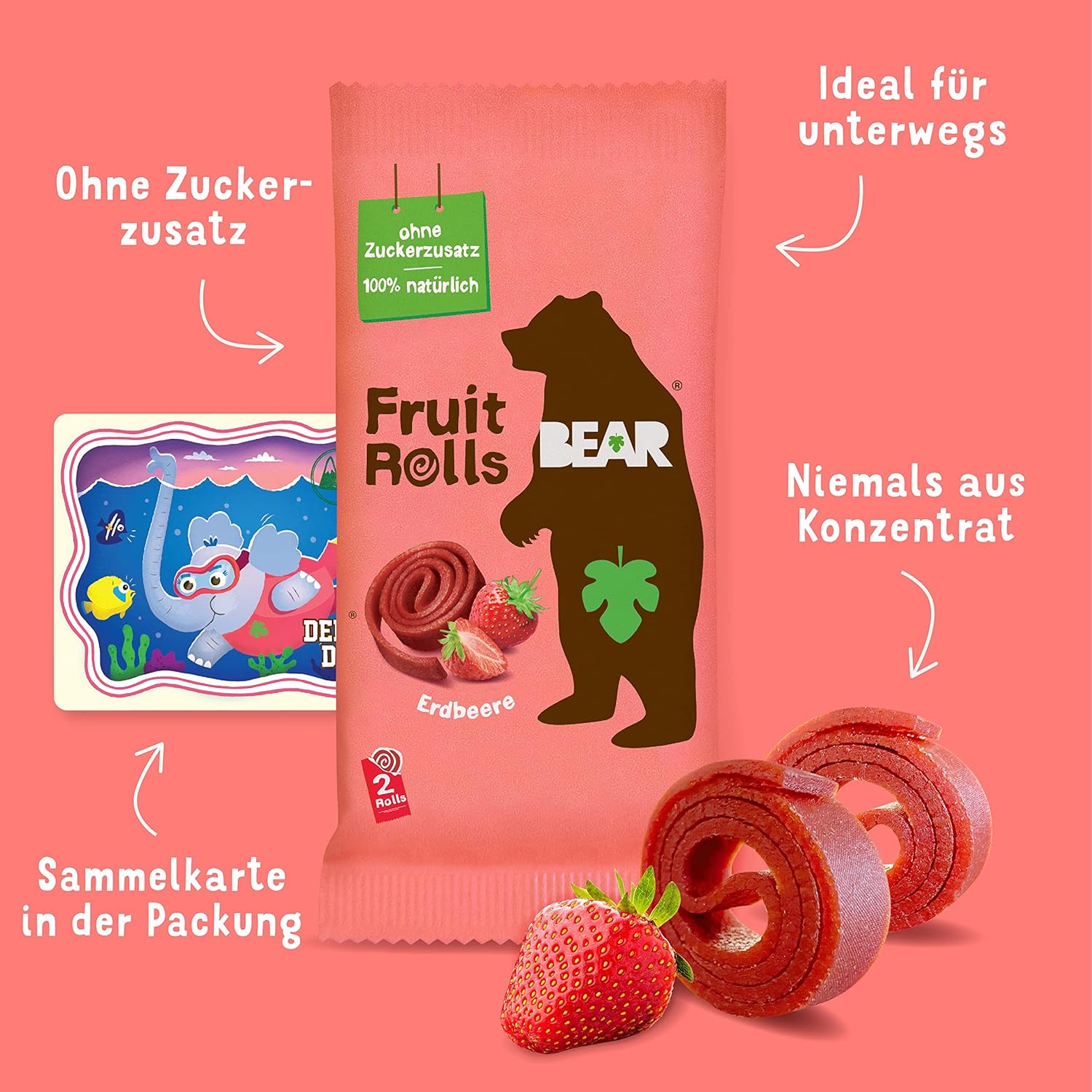 Detalle 2 de BEAR Fruchtrollen Mixbox – 100% Natürliche Inhaltsstoffe, ohne Zuckerzusatz, 24 Beutel (480 g)