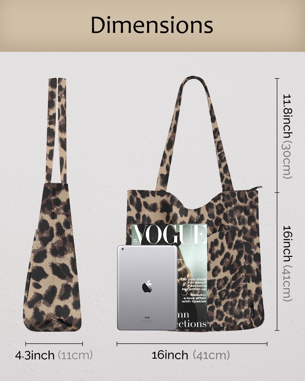 Detalle 2 de Prite Corduroy Leopard Tote Bag for Women – Large Corduroy Shoulder Bag with Zipper & Pockets