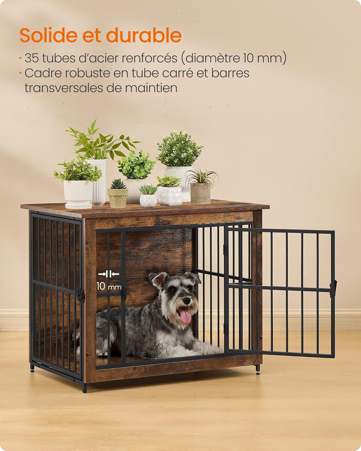 Detalle de Feandrea Meuble Cage pour Chien – Table d’appoint 2 en 1, fond plein, 80x55x64 cm, pour chiens jusqu’à 20 kg
