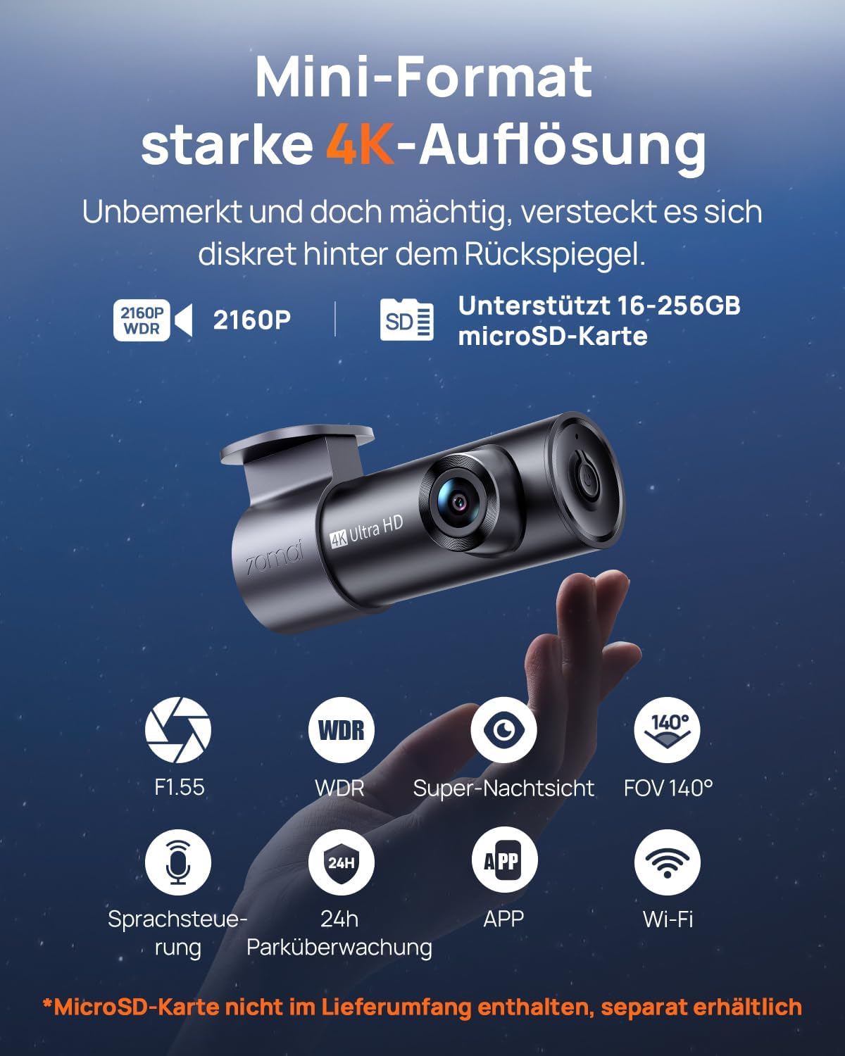 Detalle 2 de 70mai M310 Plus 4K Dashcam – kompakte Frontkamera mit 360°-Montage und 24h Parküberwachung