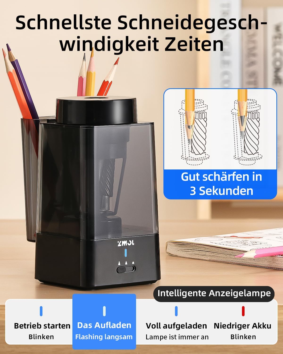 Thumbnail 6 de Zmol vollautomatischer elektrischer Anspitzer für dicke & dünne Stifte (USB-C, wiederaufladbar)
