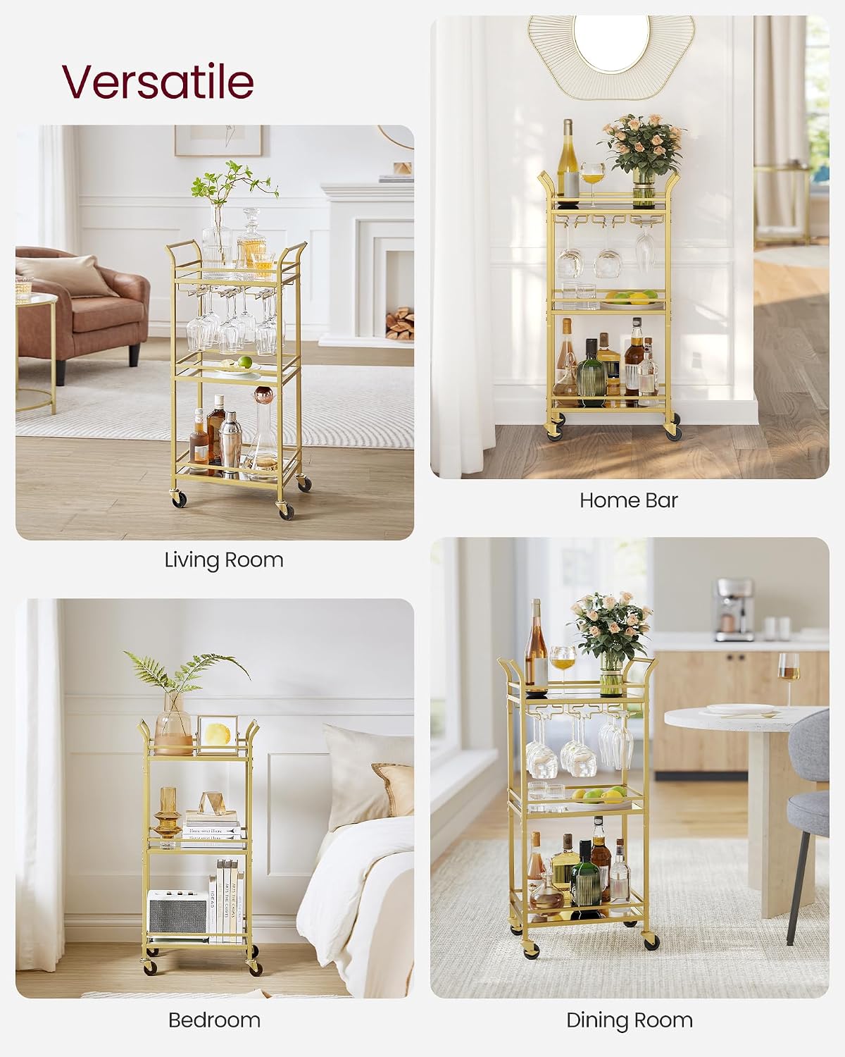 Detalle de VASAGLE Baris Collection LRC091A62 3-Tier Drinks Trolley with Mirrored Glass Shelves