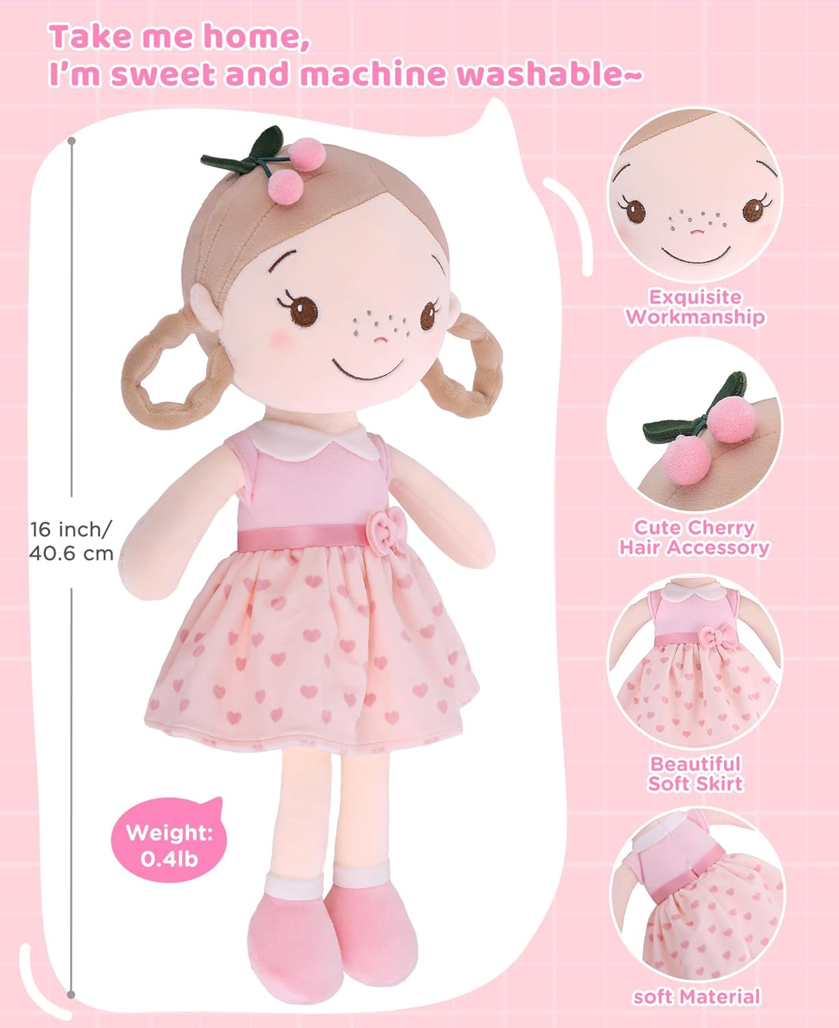 Thumbnail 1 de GAGAKU Bambola di stoffa morbida 40 cm – Ragazza Ciliegia: peluche custode per battesimo e regalo dolce per bambine