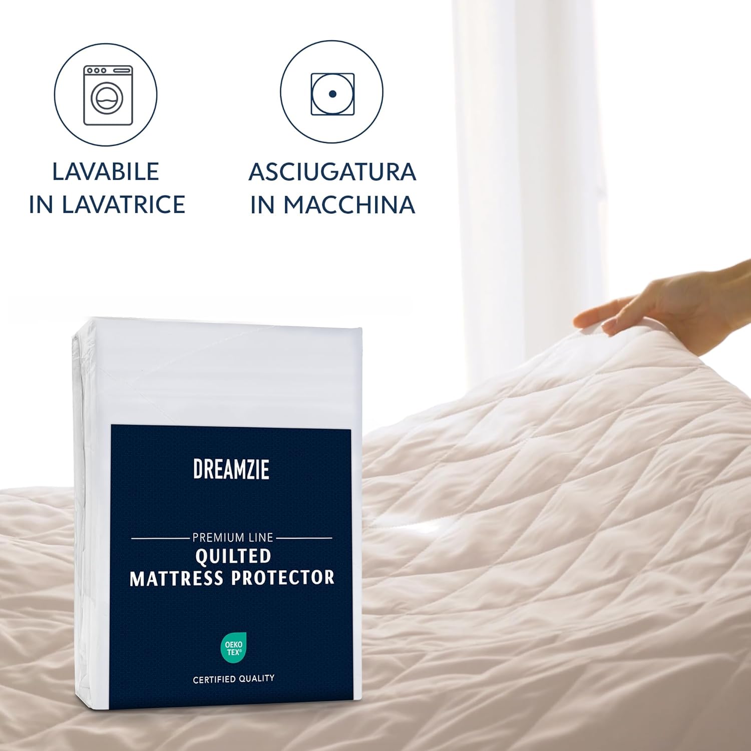 Thumbnail 5 de Coprimaterasso matrimoniale 180x200 trapuntato Dreamzie, altezza fino a 40 cm con elastico tutto intorno (Oeko-Tex e traspirante)