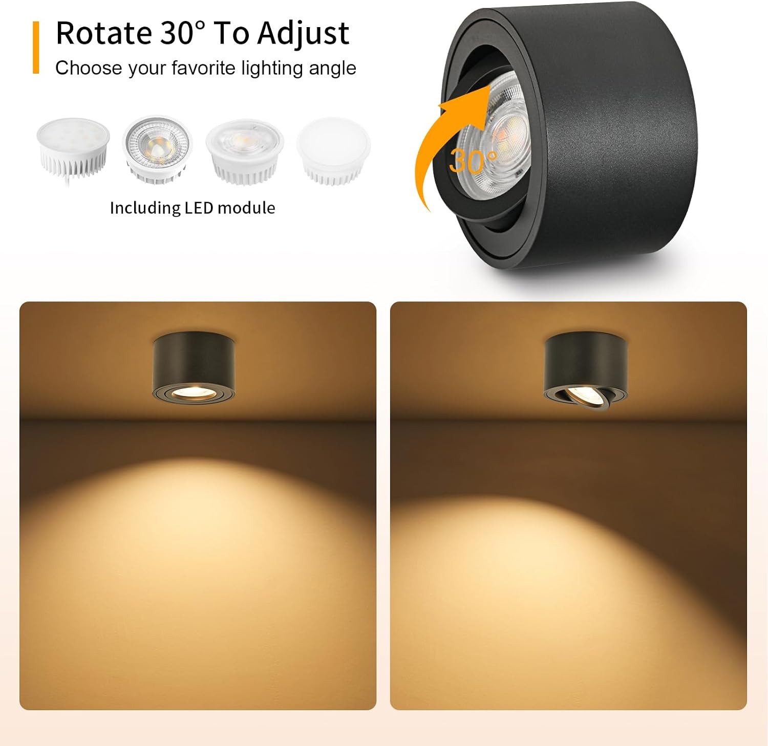 Detalle de GeyouLux LED Aufbauspot dimmbar Extra Flach 30° schwenkbar (2 Stück) Ø80x50 mm, Schwarz – 5 W, 3CCT 3000K/4000K/6500K