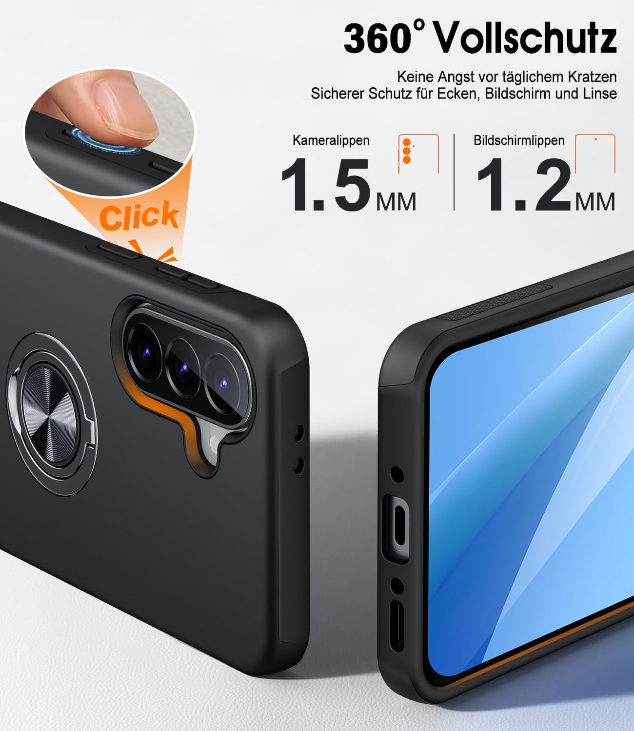 Detalle de AOUIA Hülle für Samsung Galaxy A37 5G mit 2 Panzergläsern, 3-in-1 Set und 360° Ring-Kickstand (schwarz)