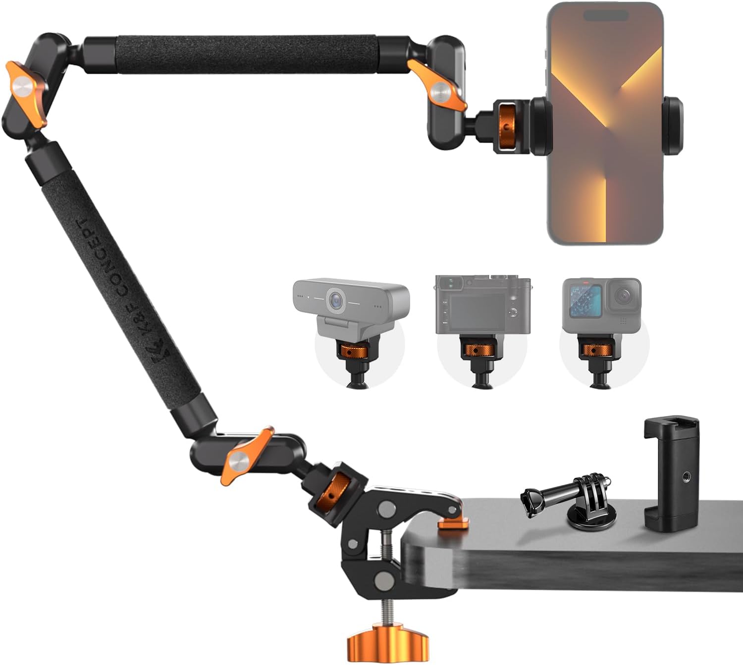 Detalle de K&F CONCEPT 22" Magic Arm Clamp overhead desk camera mount with action camera adapter