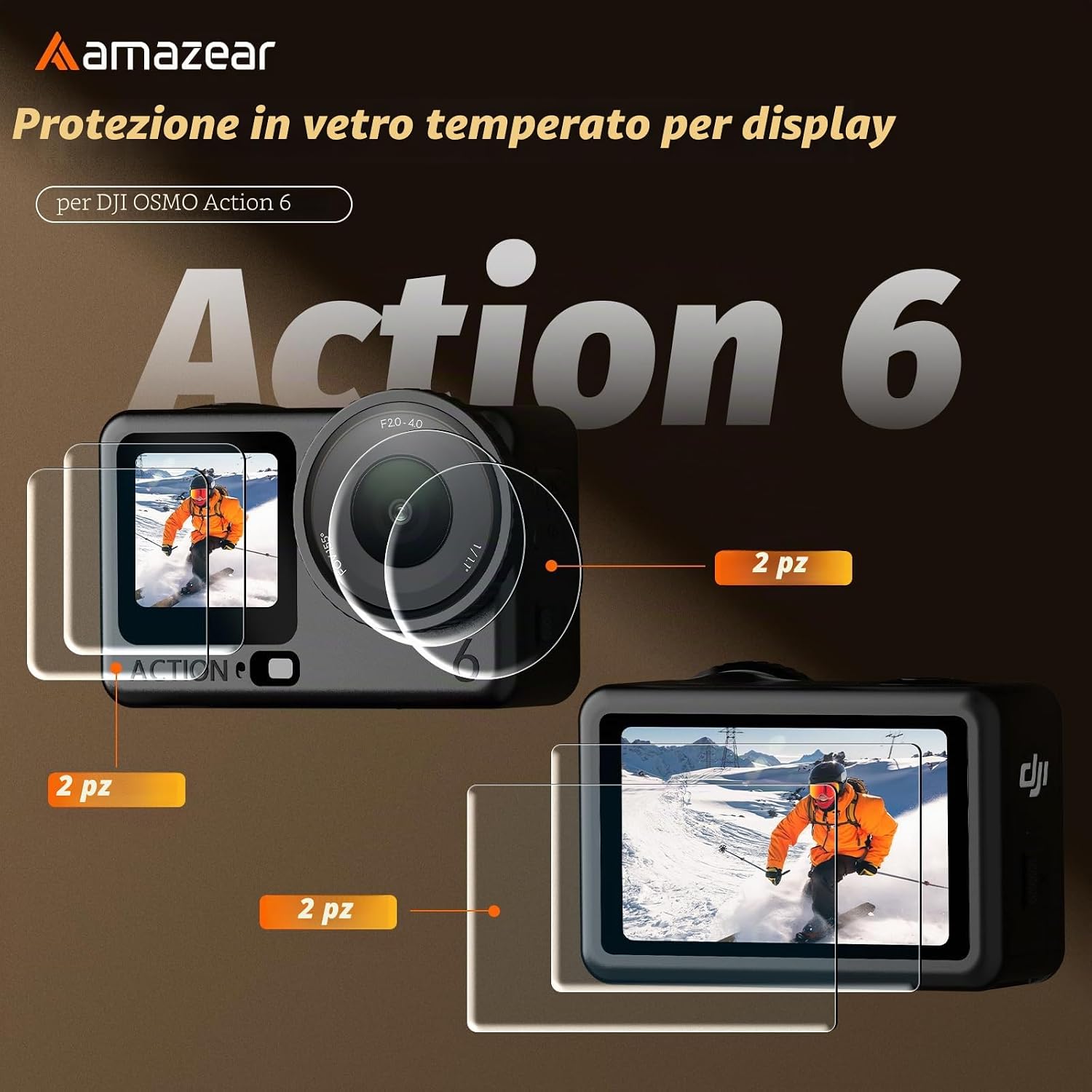 Detalle 2 de AMAZEAR Pellicola Protettiva per Lente e Schermo DJI Osmo Action 6 – Set in Vetro Temperato per Action 6 Pro