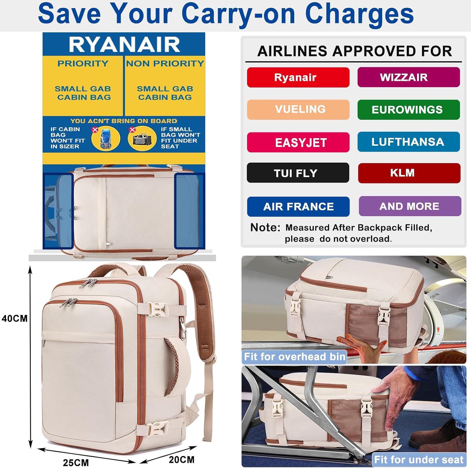 Detalle de ENZOSUM Ryanair cabin bag 40x30x20 underseat travel backpack for women (beige)