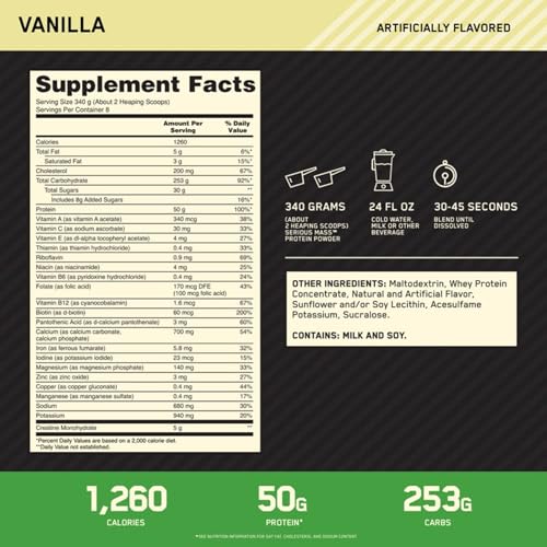 Thumbnail 7 de Optimum Nutrition Serious Mass Weight Gainer Pulver – Vanille, 2,73 kg (8 Portionen)