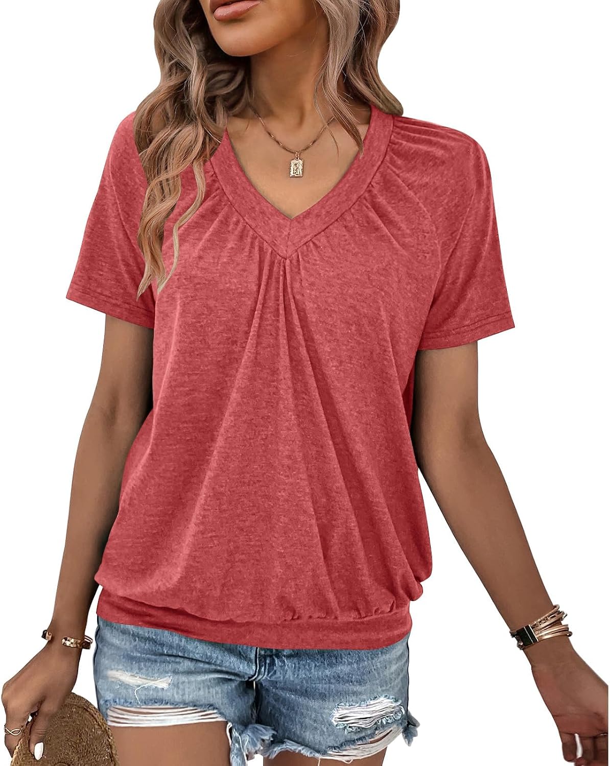 Detalle de Gihgoew Summer Tops for Women 2025 Short Sleeve V-Neck Ruched Tee