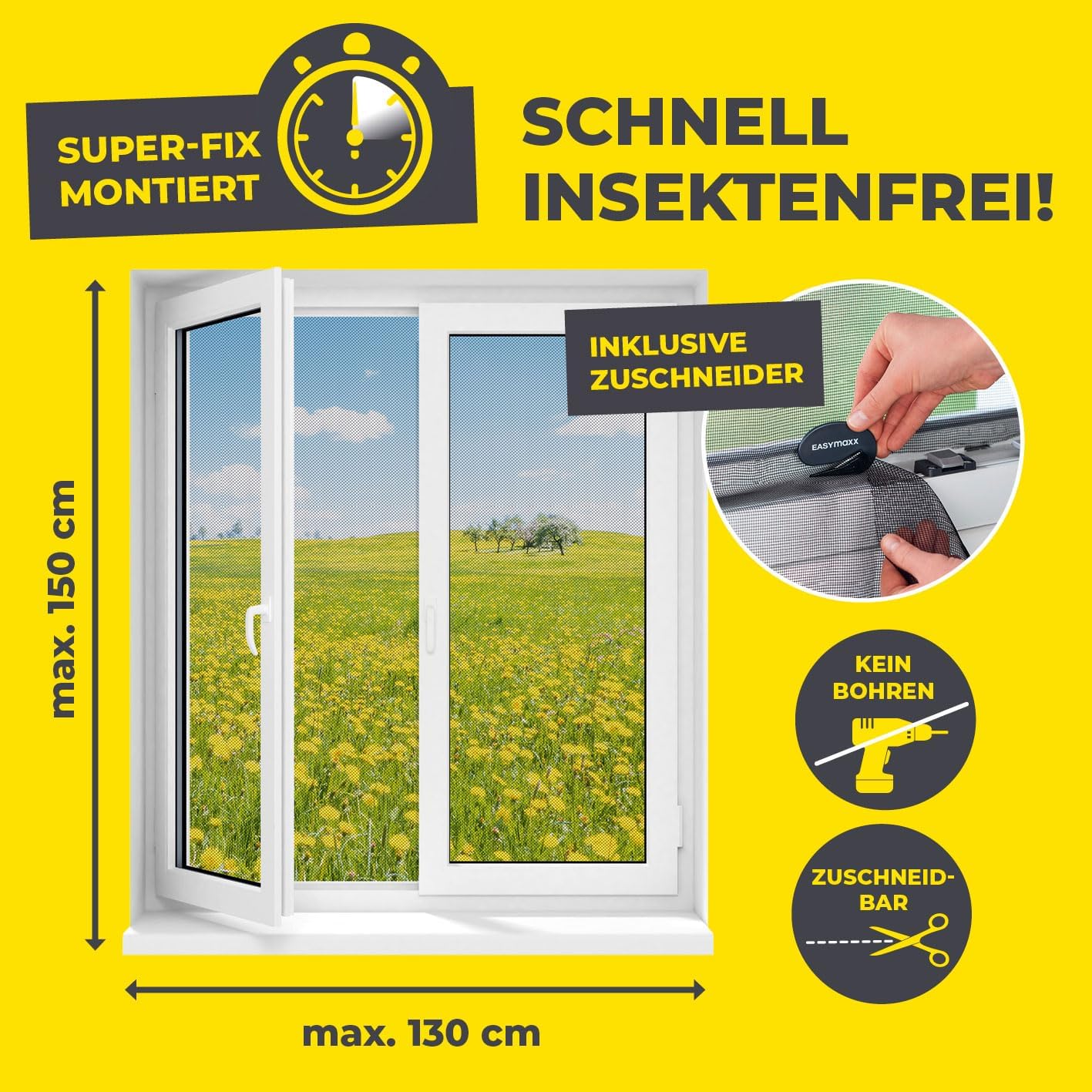 Thumbnail 3 de EASYmaxx Fliegengitter fürs Fenster mit Klettverschluss (zuschneidbar bis 150×130 cm) – Montage ohne Bohren | Schwarz