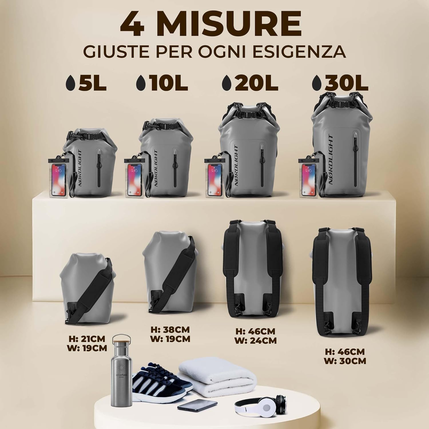 Detalle de Nordlight Dry Bag Sacca impermeabile da 30 litri con custodia per cellulare e chiusura arrotolabile