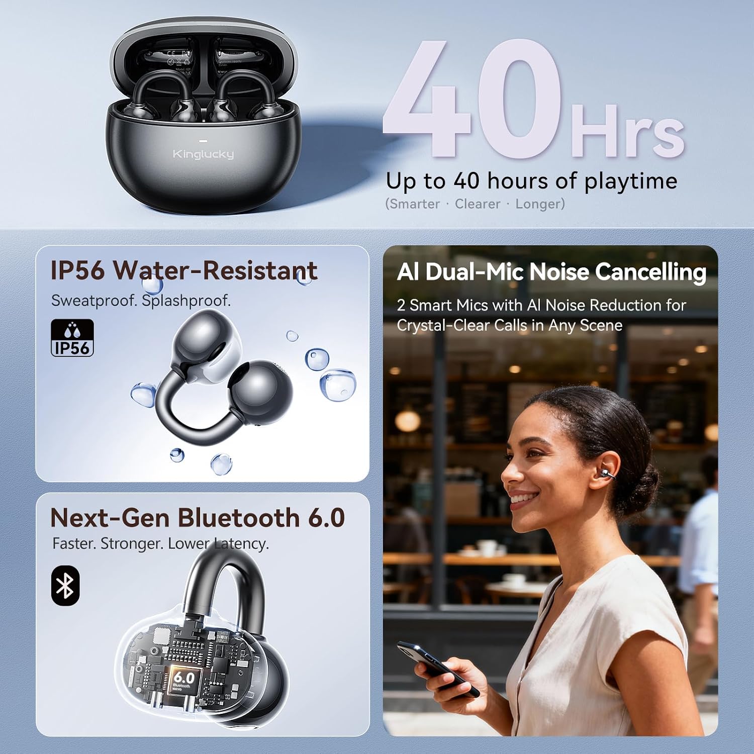 Thumbnail 5 de Kinglucky A8 Clip-On Open-Ear Earbuds with Bluetooth 6.0 and 40-Hour Case Playtime