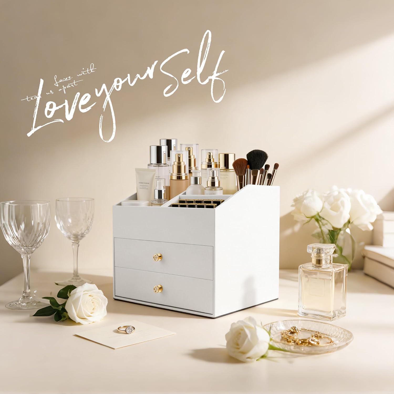 Thumbnail 2 de Homeanda Make-up-Organizer aus Kunstleder mit 2 Schubladen (weiß) – Ordnung für Kosmetik, Schmuck & Pflege
