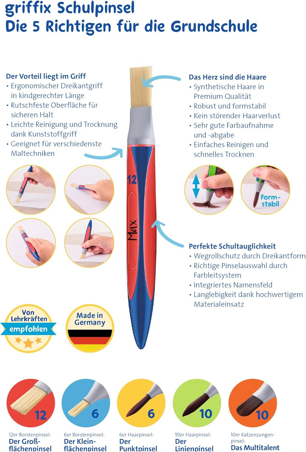 Thumbnail 4 de Pelikan griffix 5er Pinsel-Set – ergonomische Grundschulepinsel mit 5 Varietäten