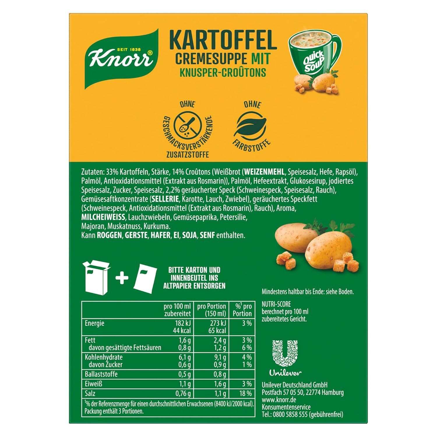 Detalle de Knorr Cup a Soup Kartoffel Cremesuppe mit Knusper-Croûtons – Schnell, cremig und ohne Zusatzstoffe
