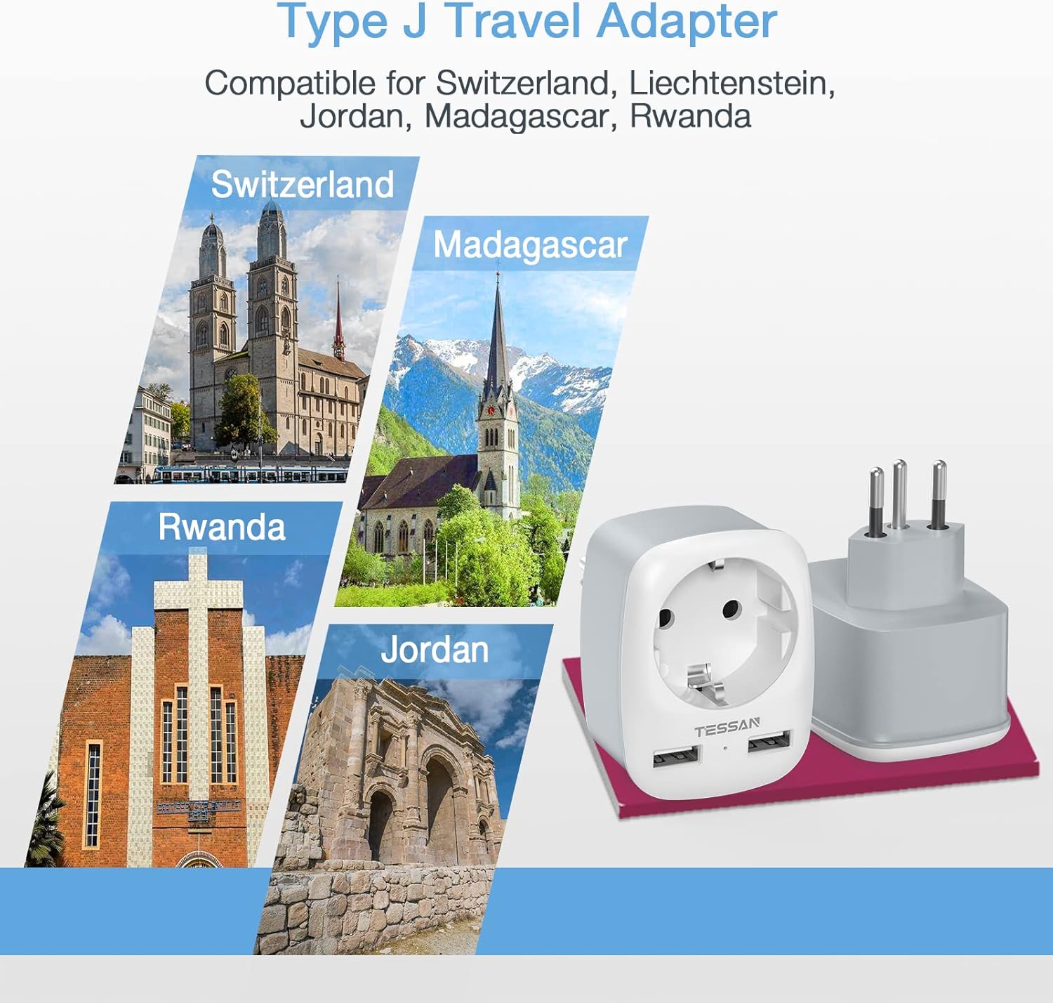 Thumbnail 2 de TESSAN Adaptateur prise Suisse/France avec 2 USB (type J) – voyage vers Suisse, Liechtenstein et plusieurs pays