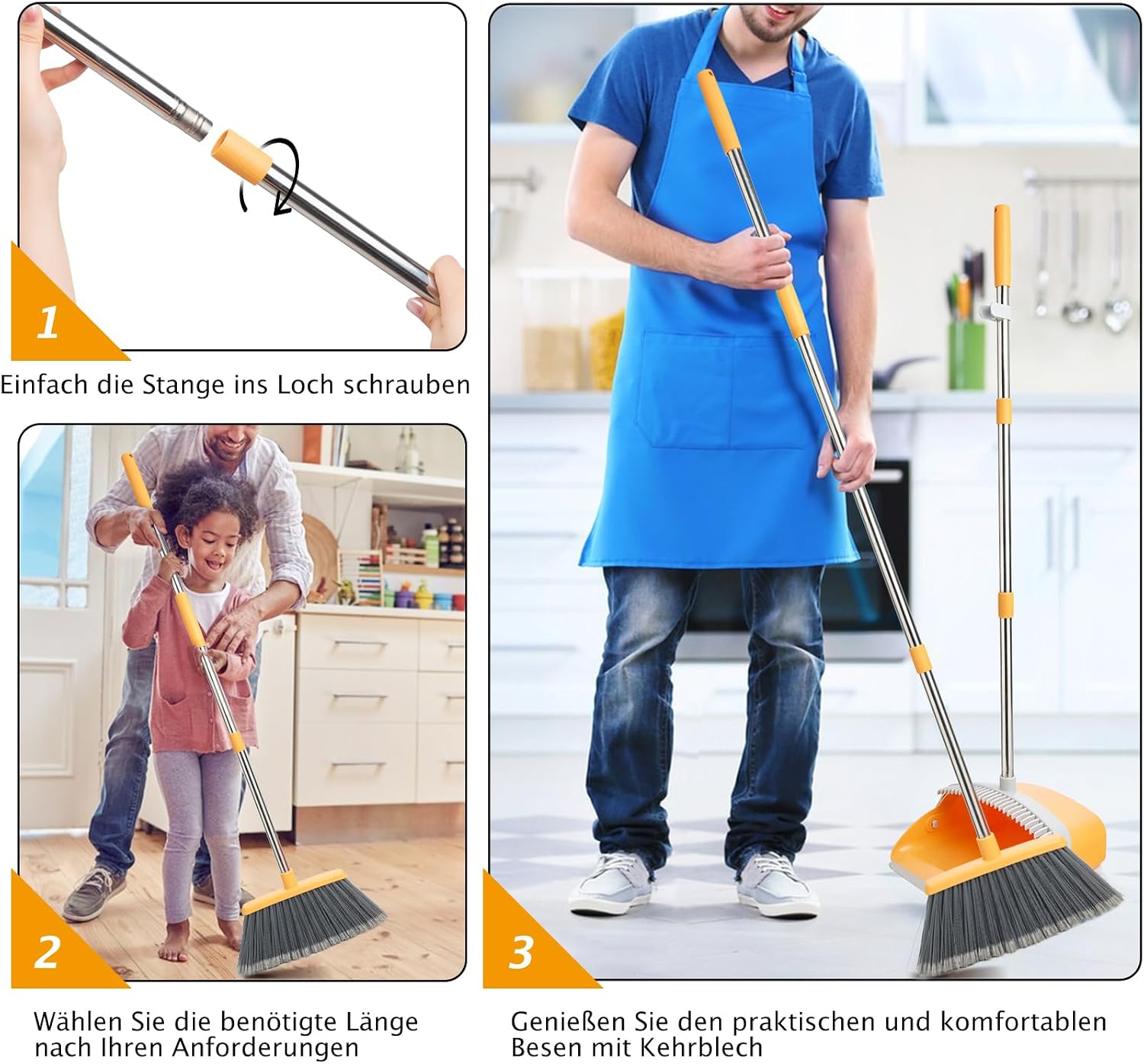 Thumbnail 4 de XXFLOWER Besen- und Kehrschaufel-Set mit langem Stiel – 129 cm Griff, 5‑lagige PET-Borsten, ausziehbar