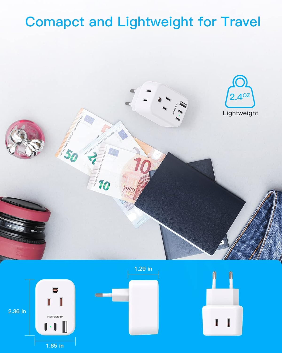 Detalle de HANYCONY European Travel Plug Adapter USB C – 2 Outlets, 3 USB Ports (2 USB-C), US to Europe Power Adapter