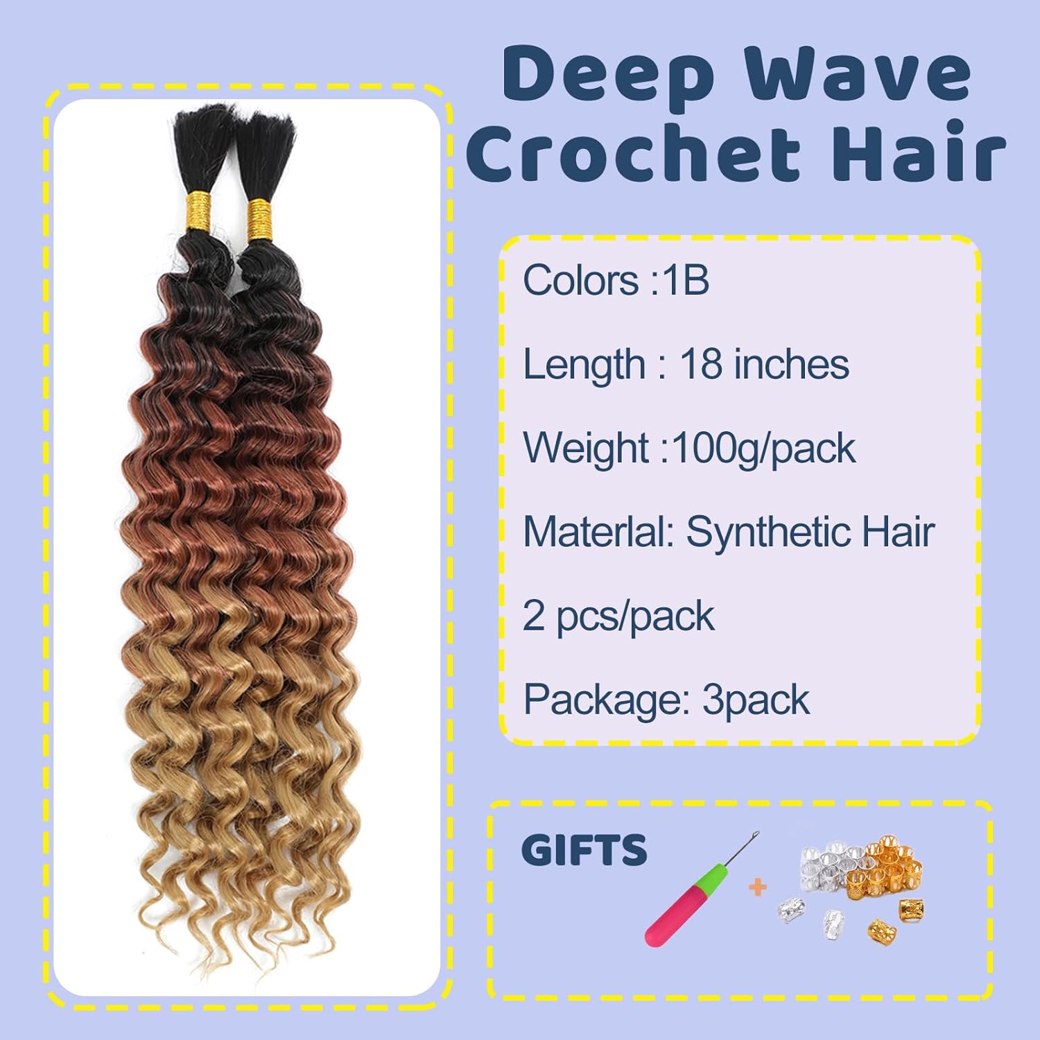 Detalle de BLTYXT Deep Wave Bulk Hair 18 Inch – 6 Bundles synthetische Crochet- Braids T1B-30-27