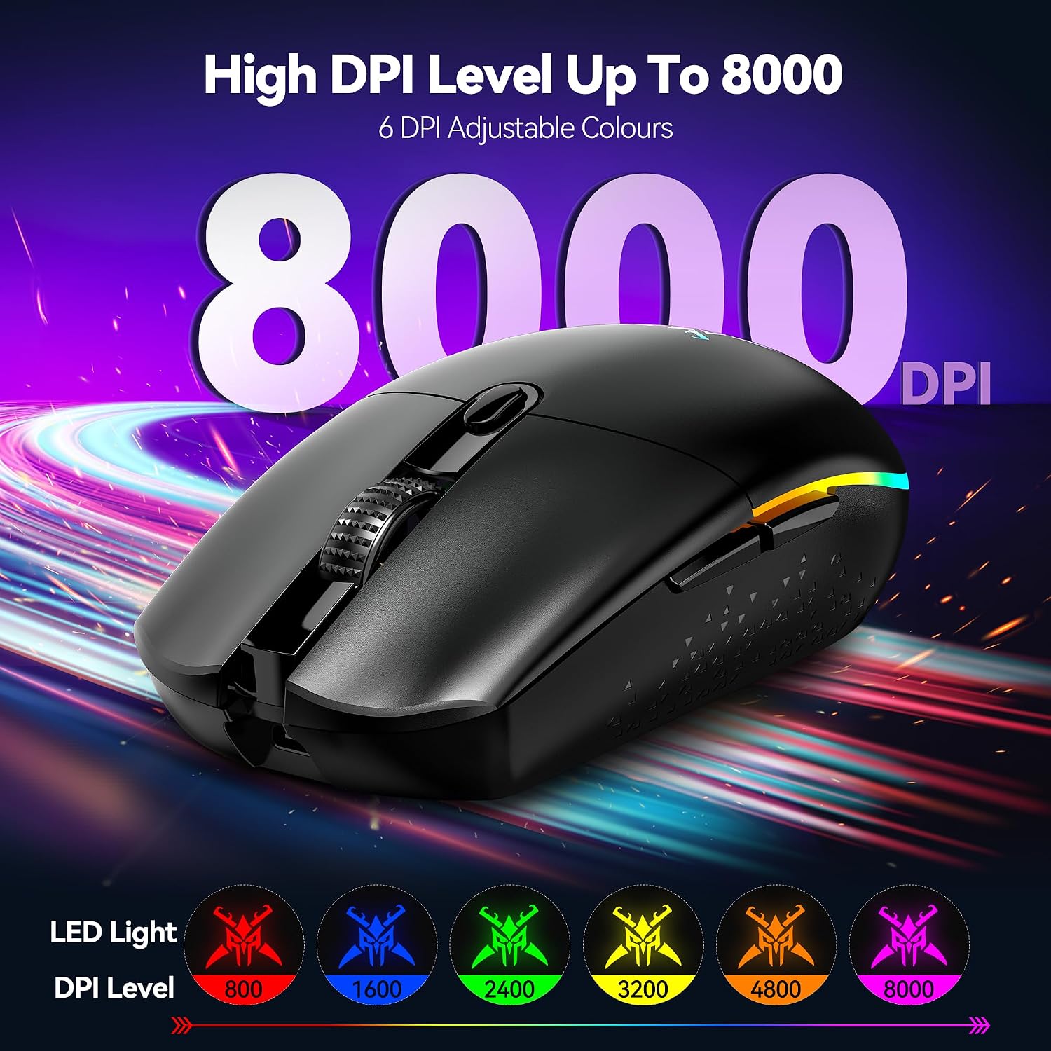 Detalle 2 de TECKNET TK-GM001 Wireless Gaming Mouse, 8,000 DPI, USB-C, RGB, 6 Buttons