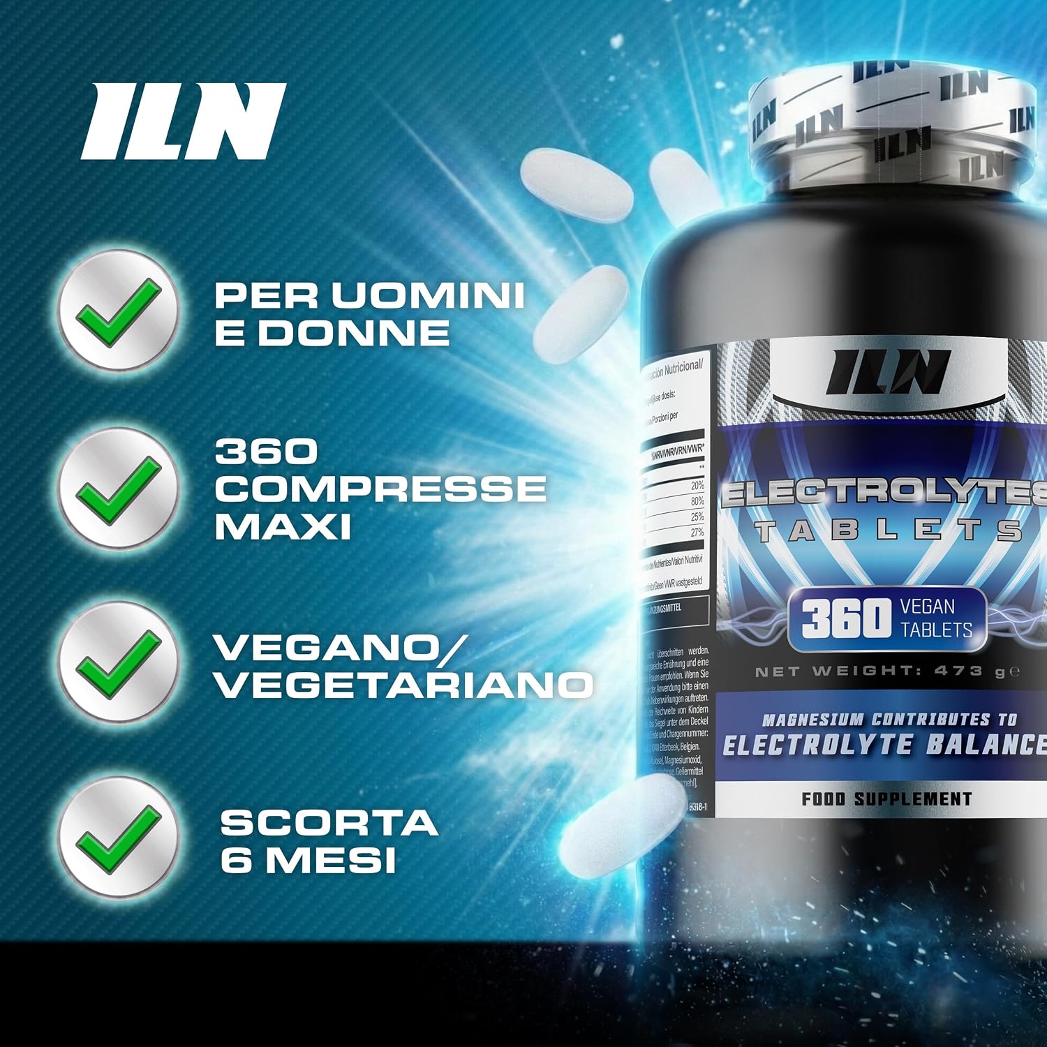 Detalle de Elettroliti senza zucchero Electrolytes compresse Iron Labs Nutrition 360 (Complex 1500 mg) vegano e keto friendly
