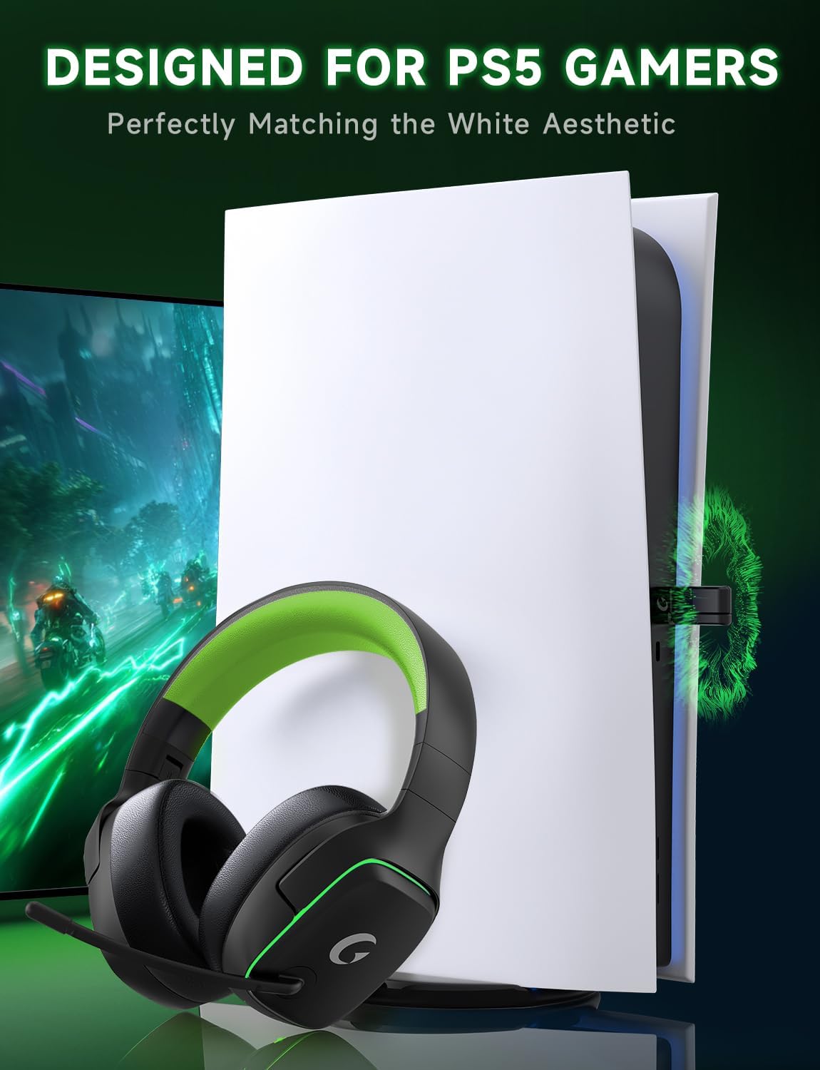 Detalle 2 de Gvyugke 2.4GHz Wireless Gaming Headset for PS5/PS4/PC/Switch with 7.1 Surround, Noise-Canceling Mic, and Long Battery Life
