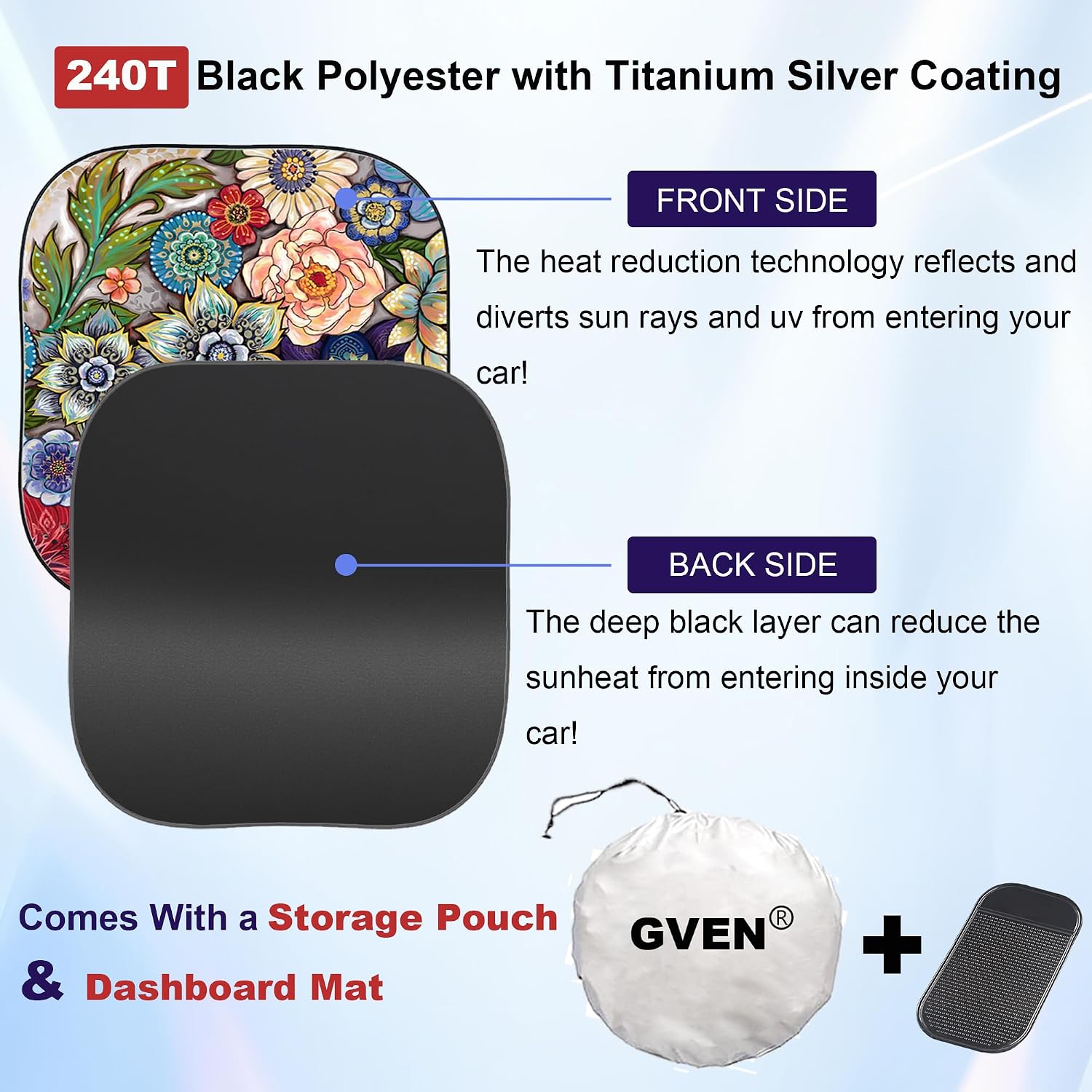 Thumbnail 2 de Gven Windshield Sun Shade for Car — 2-Piece Floral Foldable Front Window Sunshade (M)