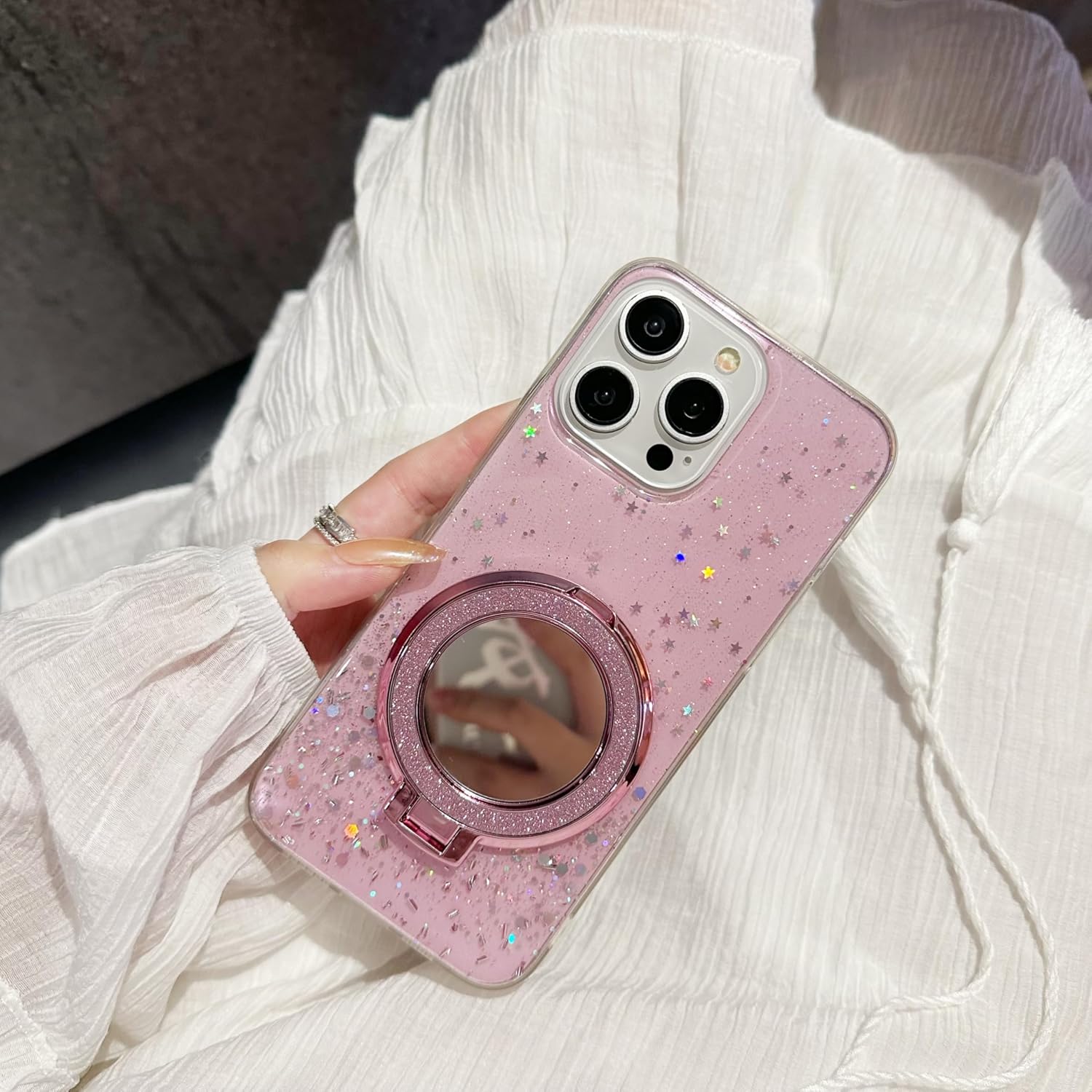 Detalle 2 de SIYOPINPFY Hülle für Xiaomi Redmi A5 4G – transparentes Silikoncase mit Spiegel-Ringständer, Glitter-Akzente und Kameraschutz