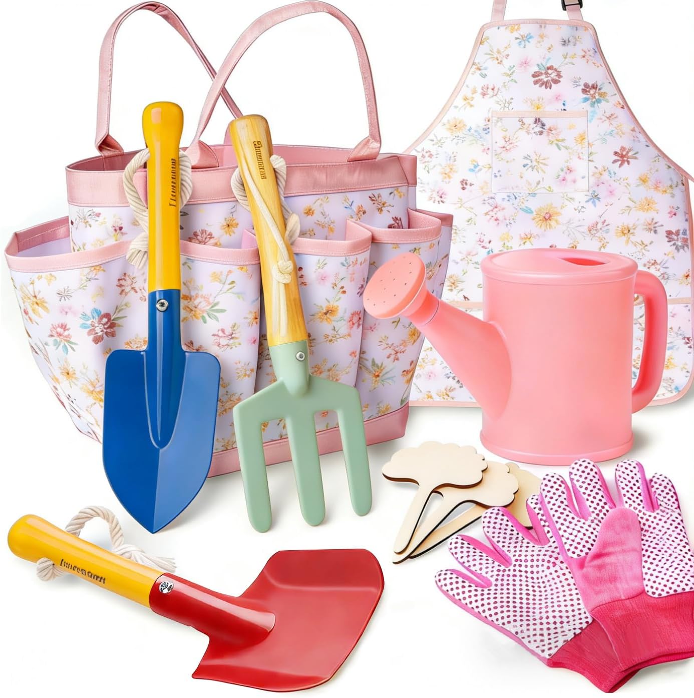 Detalle de Kids Gardening Tools Set Toddler Gardening Kit with Apron & Tote Bag, Shovel, Fork, Trowel and Gloves