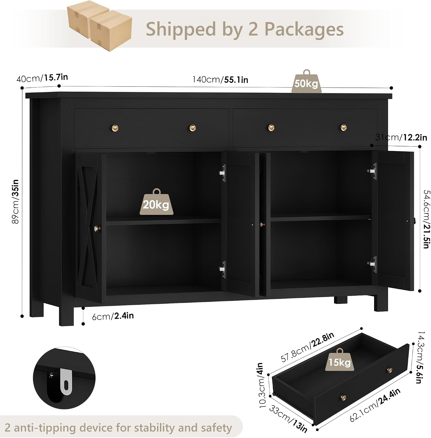 Detalle de FirFurd P228 140cm Sideboard, Black Engineered Wood, 4 Doors, 2 Drawers