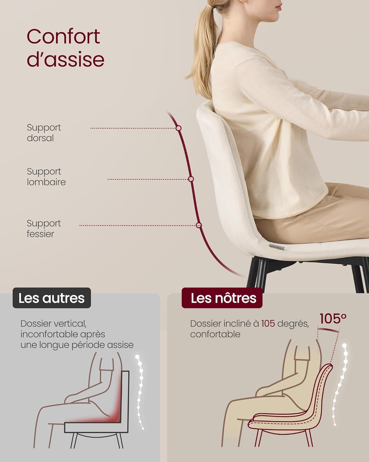 Thumbnail 4 de Lot de 4 chaises de salle à manger en velours VASAGLE KDC080LH01, beige cappuccino, dossier et assise rembourrés