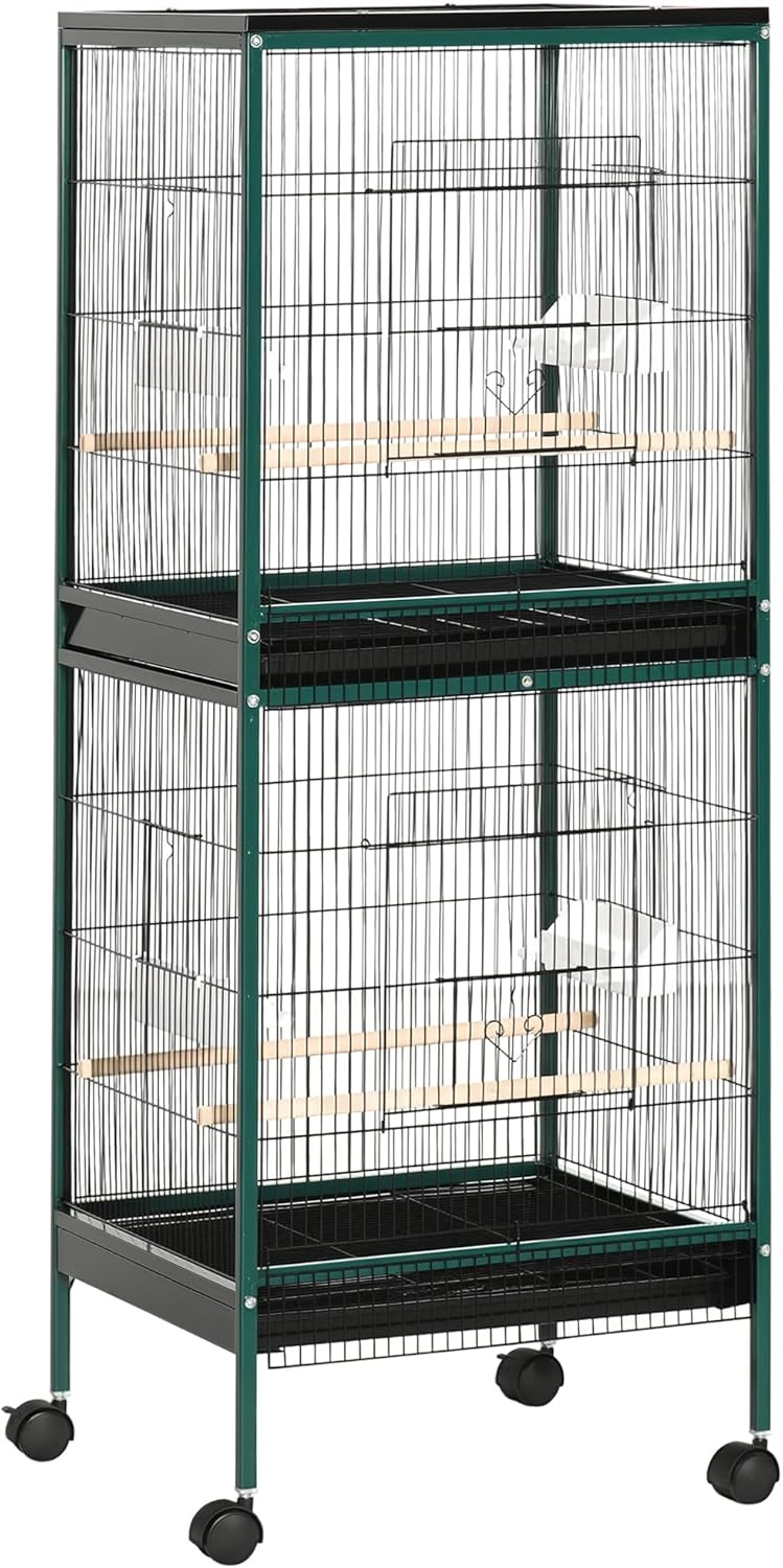 PawHut Grande Cage à Oiseaux sur Pied – Volière double avec plateaux amovibles et roulettes