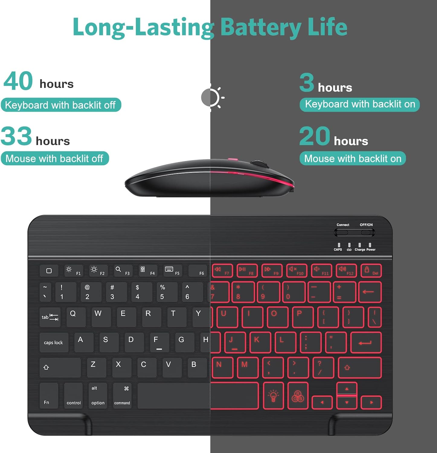 Thumbnail 4 de TECURS Bluetooth Keyboard and Mouse Combo for iPad (Rechargeable, 7-Color Backlit) – Black