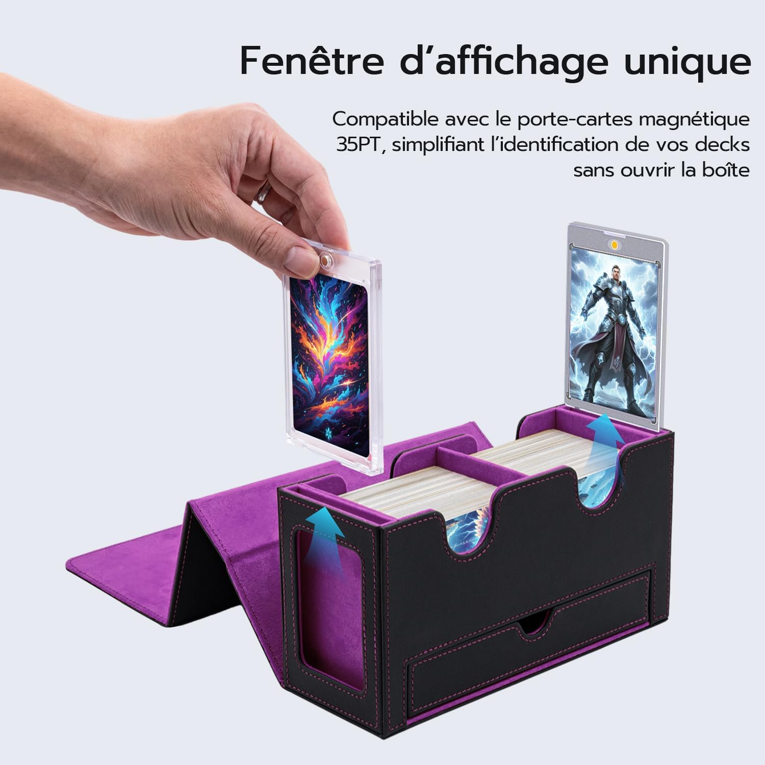 Detalle de Tolesum Boîte à cartes double couche MTG avec tiroir pour dés, 2 fenêtres latérales et fermeture magnétique (jusqu’à 300+ cartes) – Violet noir