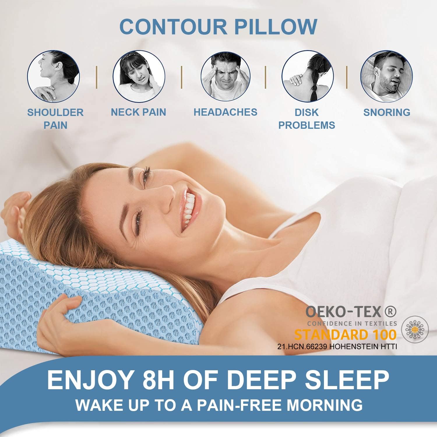 Detalle de Anvo Memory Foam Contour Pillow, Dual-Height Neck Support, Blue and White