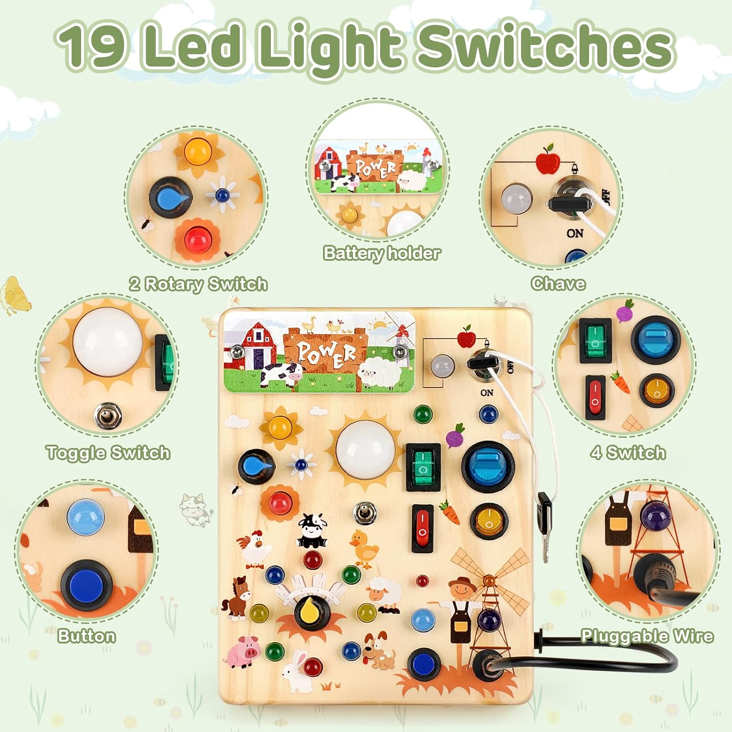 Detalle 2 de Sanlebi LED Busy Board for Toddlers, Wooden Farm Activity Toy with 10 Switches